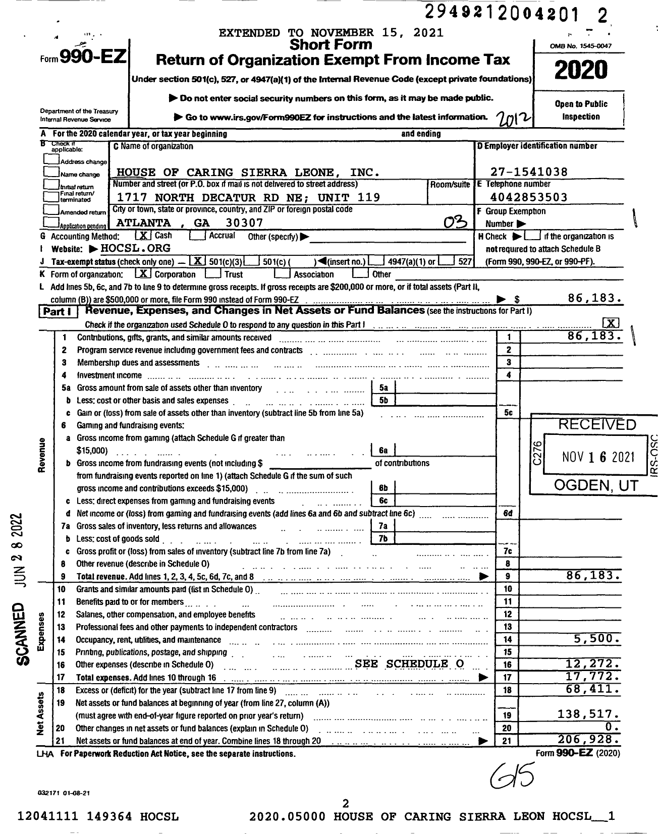 Image of first page of 2020 Form 990EZ for House of Caring Sierra Leone