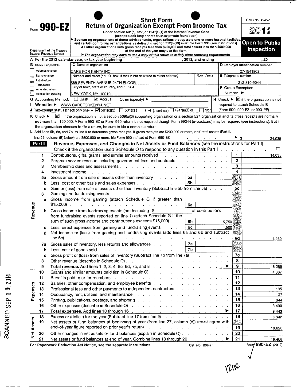 Image of first page of 2012 Form 990EZ for Care for Kenya