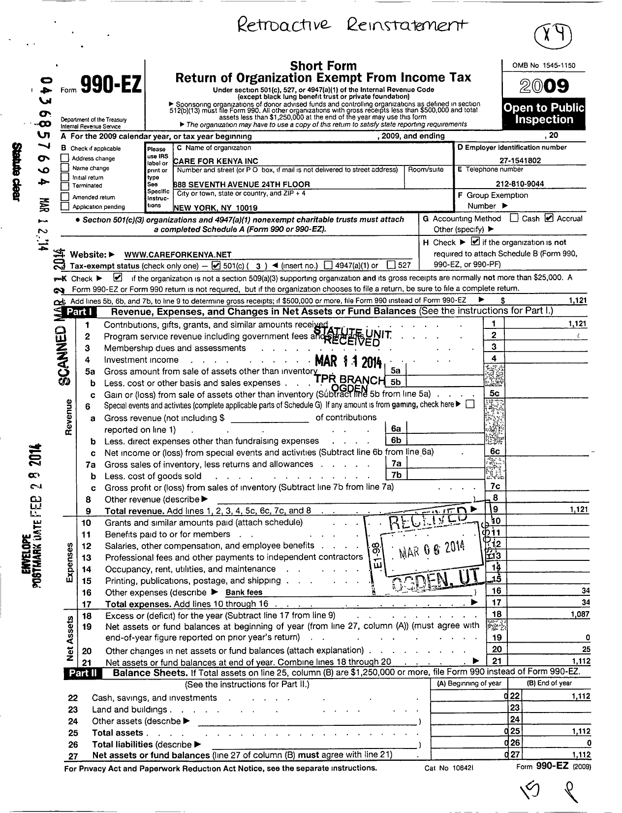 Image of first page of 2009 Form 990EZ for Care for Kenya