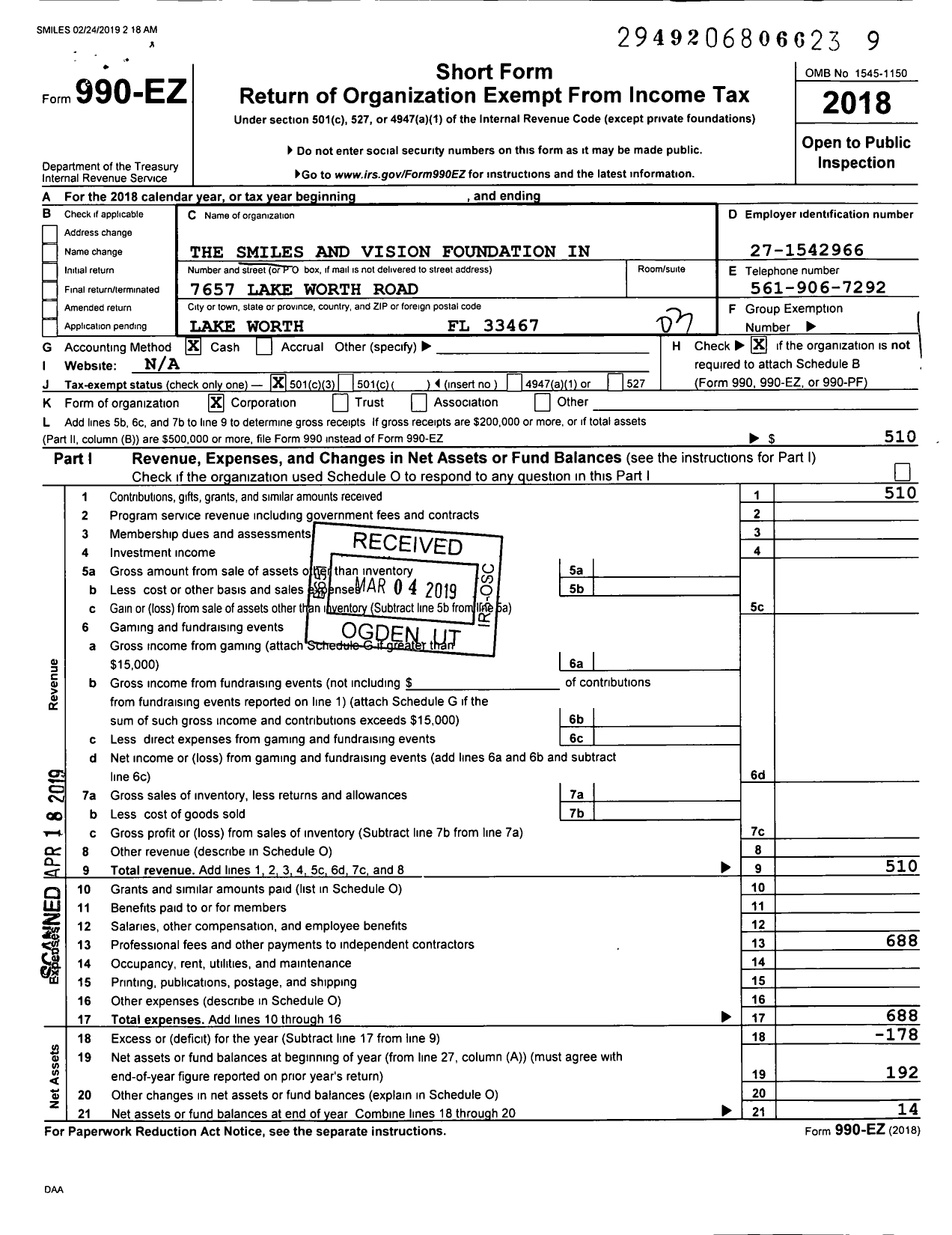 Image of first page of 2018 Form 990EZ for The Smiles and Vision Foundation Incorporated