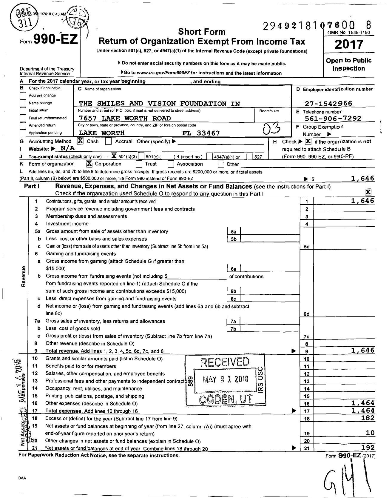 Image of first page of 2017 Form 990EZ for The Smiles and Vision Foundation Incorporated