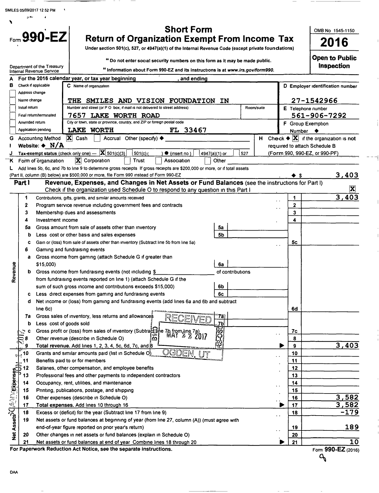 Image of first page of 2016 Form 990EZ for The Smiles and Vision Foundation Incorporated