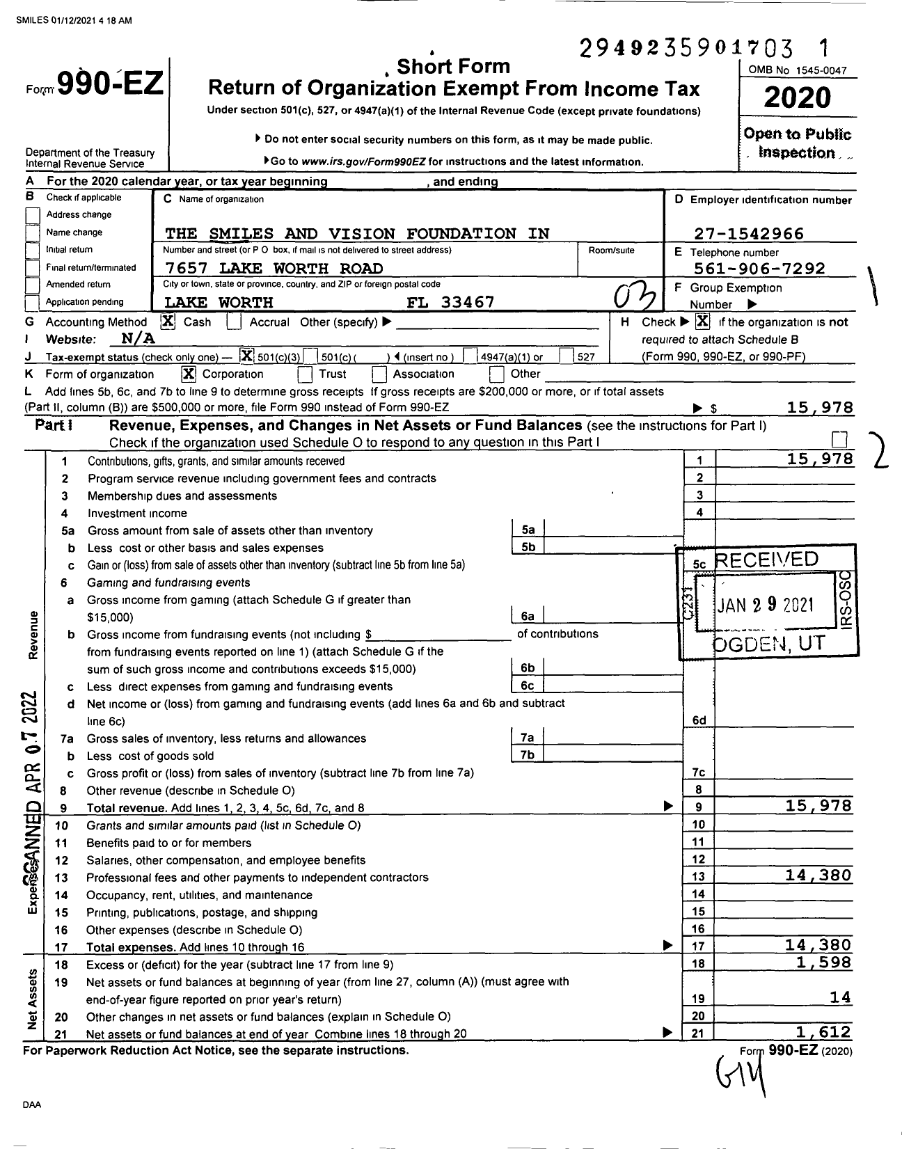 Image of first page of 2020 Form 990EZ for The Smiles and Vision Foundation Incorporated