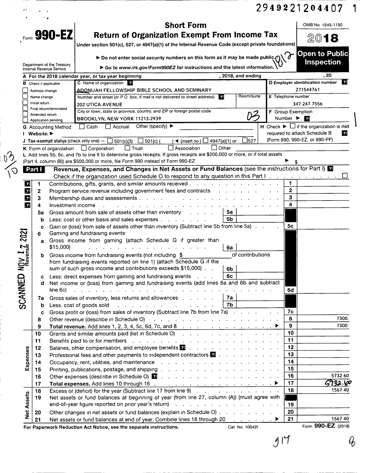 Image of first page of 2018 Form 990EZ for Adonijah Fellowship Bible School and Seminary