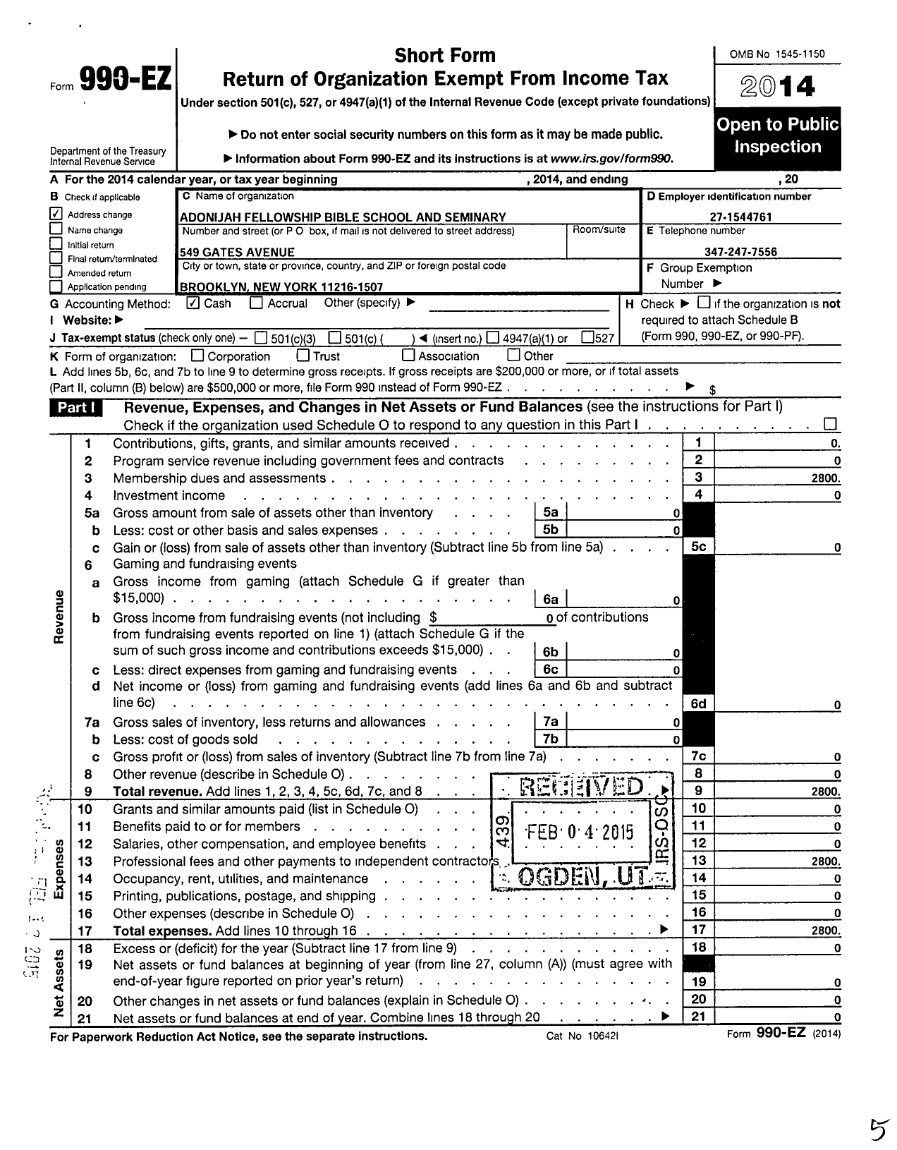 Image of first page of 2014 Form 990EO for Adonijah Fellowship Bible School and Seminary