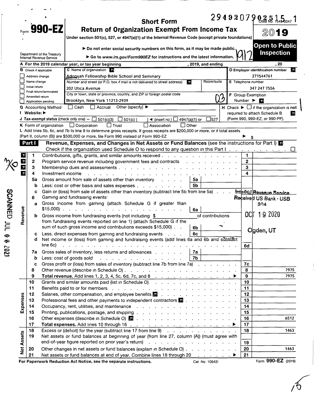 Image of first page of 2019 Form 990EZ for Adonijah Fellowship Bible School and Seminary