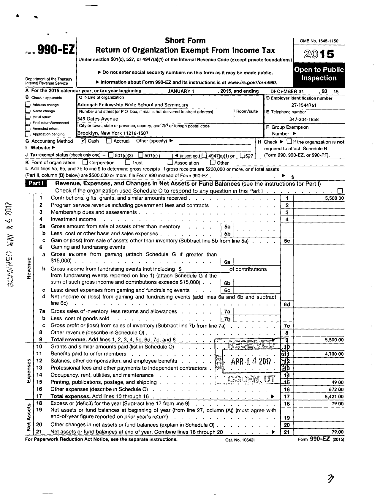 Image of first page of 2015 Form 990EO for Adonijah Fellowship Bible School and Seminary