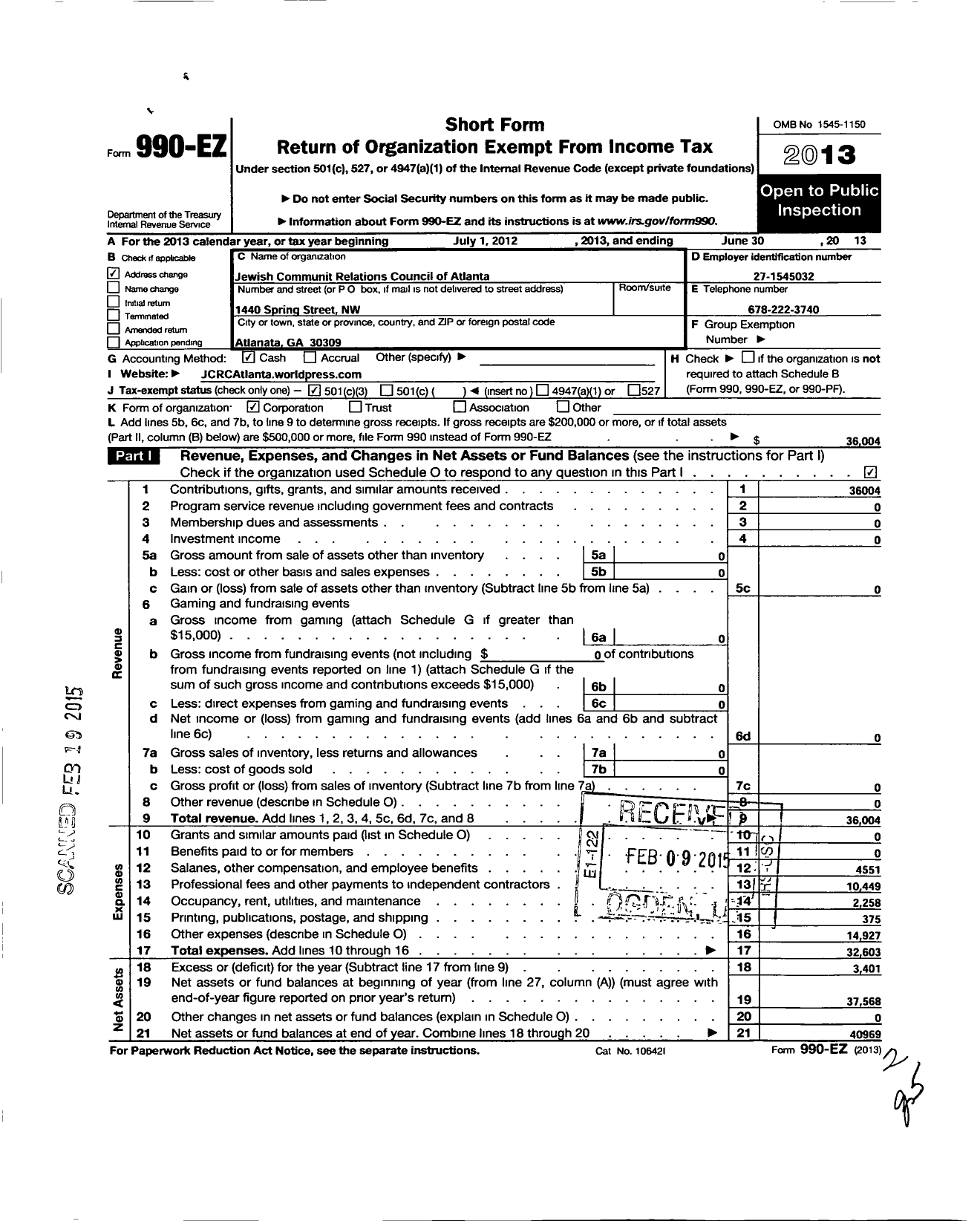 Image of first page of 2012 Form 990EZ for Jewish Community Relations Council of Atlanta