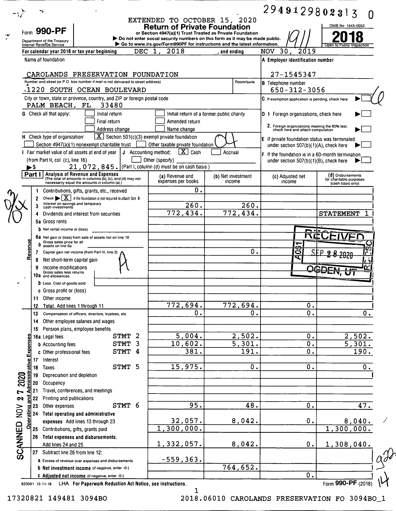 Image of first page of 2018 Form 990PF for Carolands Preservation Foundation