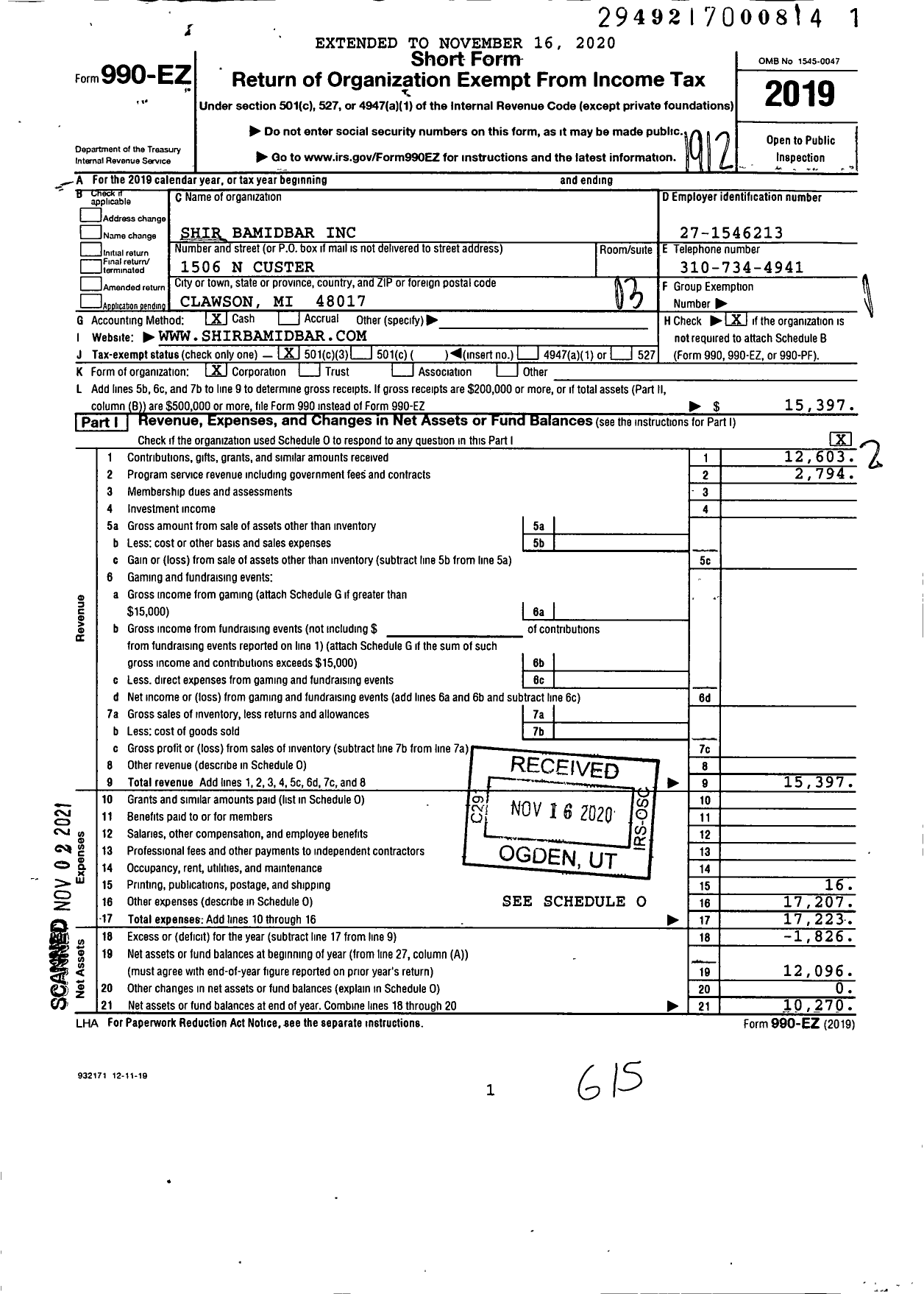 Image of first page of 2019 Form 990EZ for Shir Bamidbar