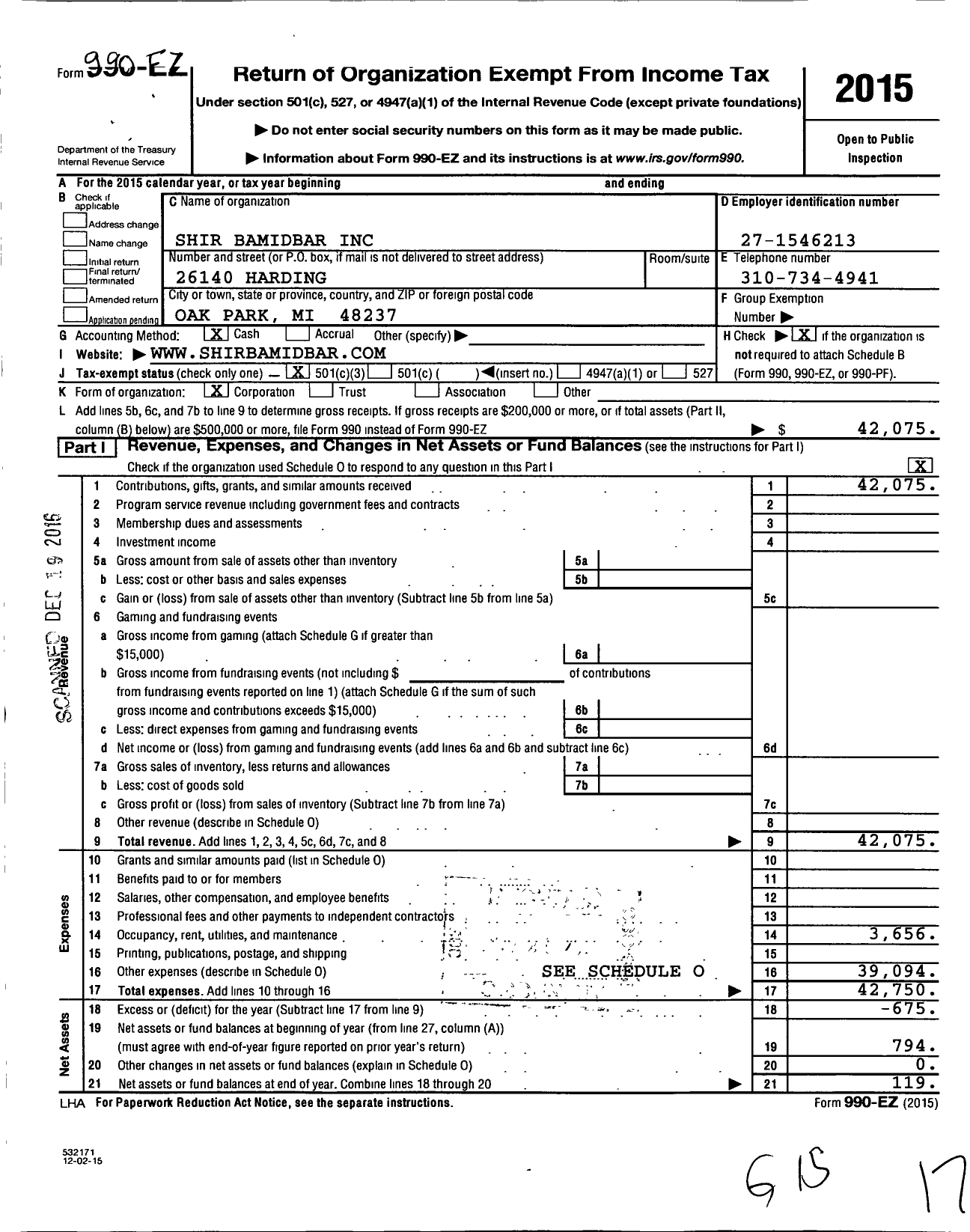 Image of first page of 2015 Form 990EZ for Shir Bamidbar