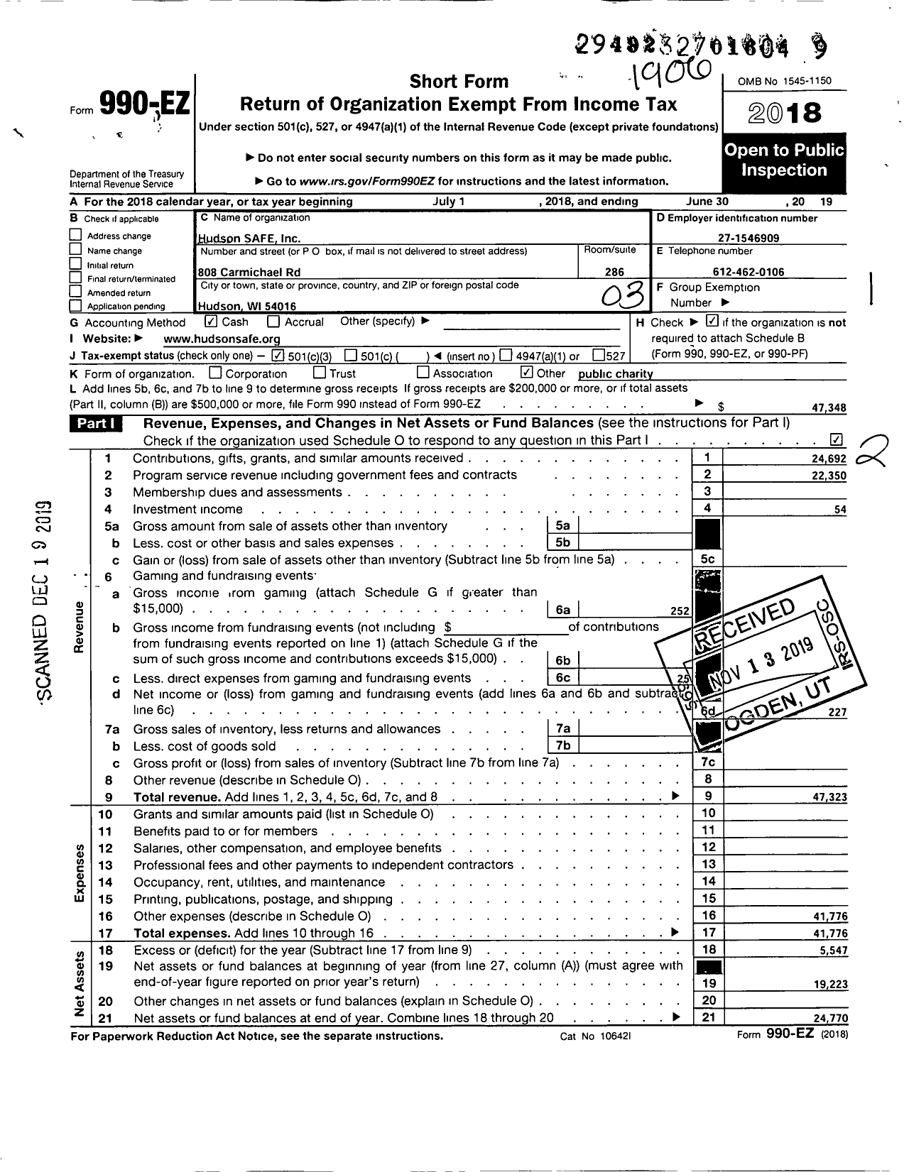 Image of first page of 2018 Form 990EZ for Hudson Safe