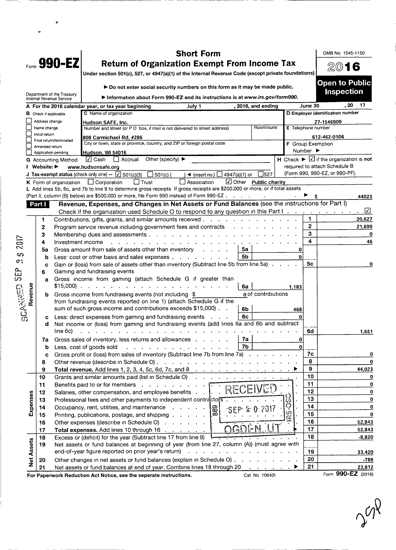 Image of first page of 2016 Form 990EZ for Hudson Safe