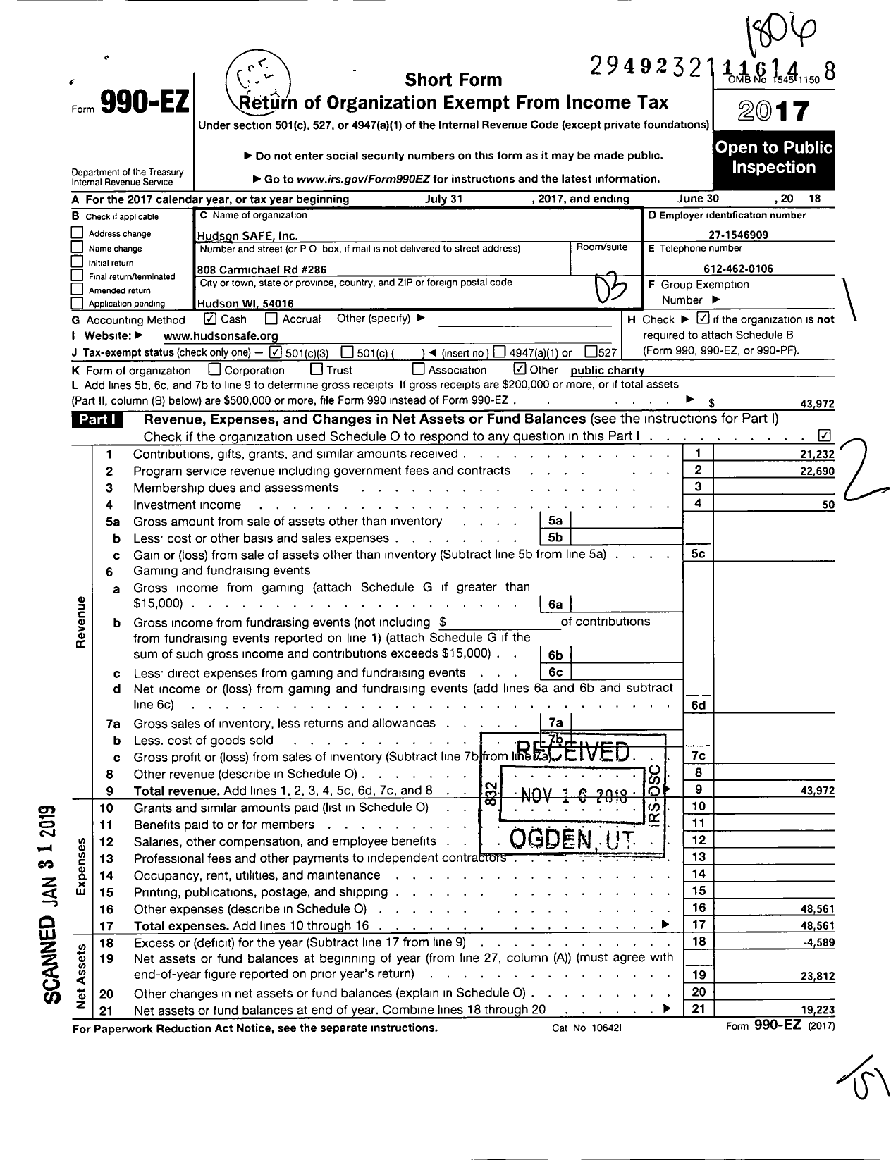 Image of first page of 2017 Form 990EZ for Hudson Safe