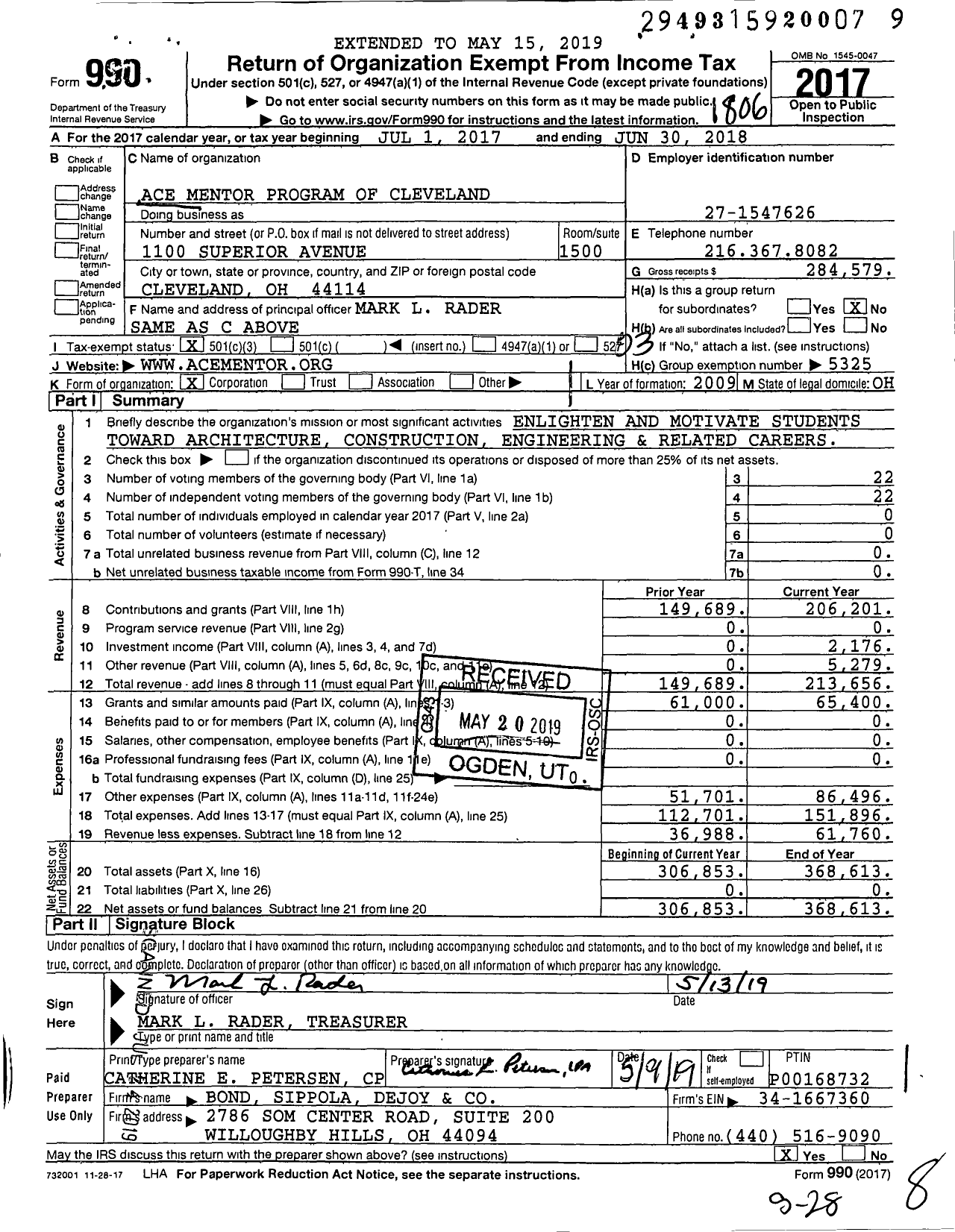 Image of first page of 2017 Form 990 for Ace Mentor Program of Cleveland