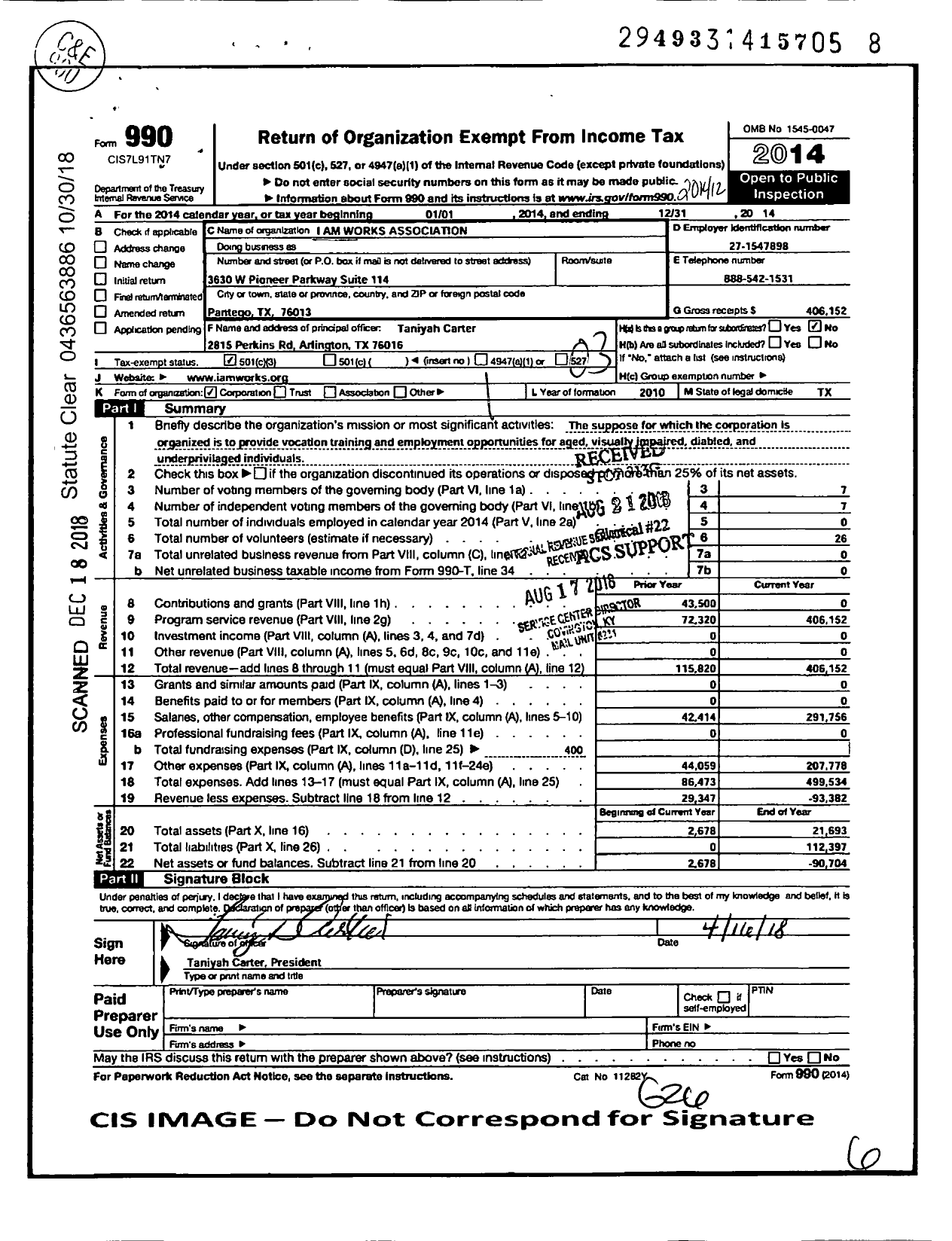 Image of first page of 2014 Form 990 for I Am Works Association