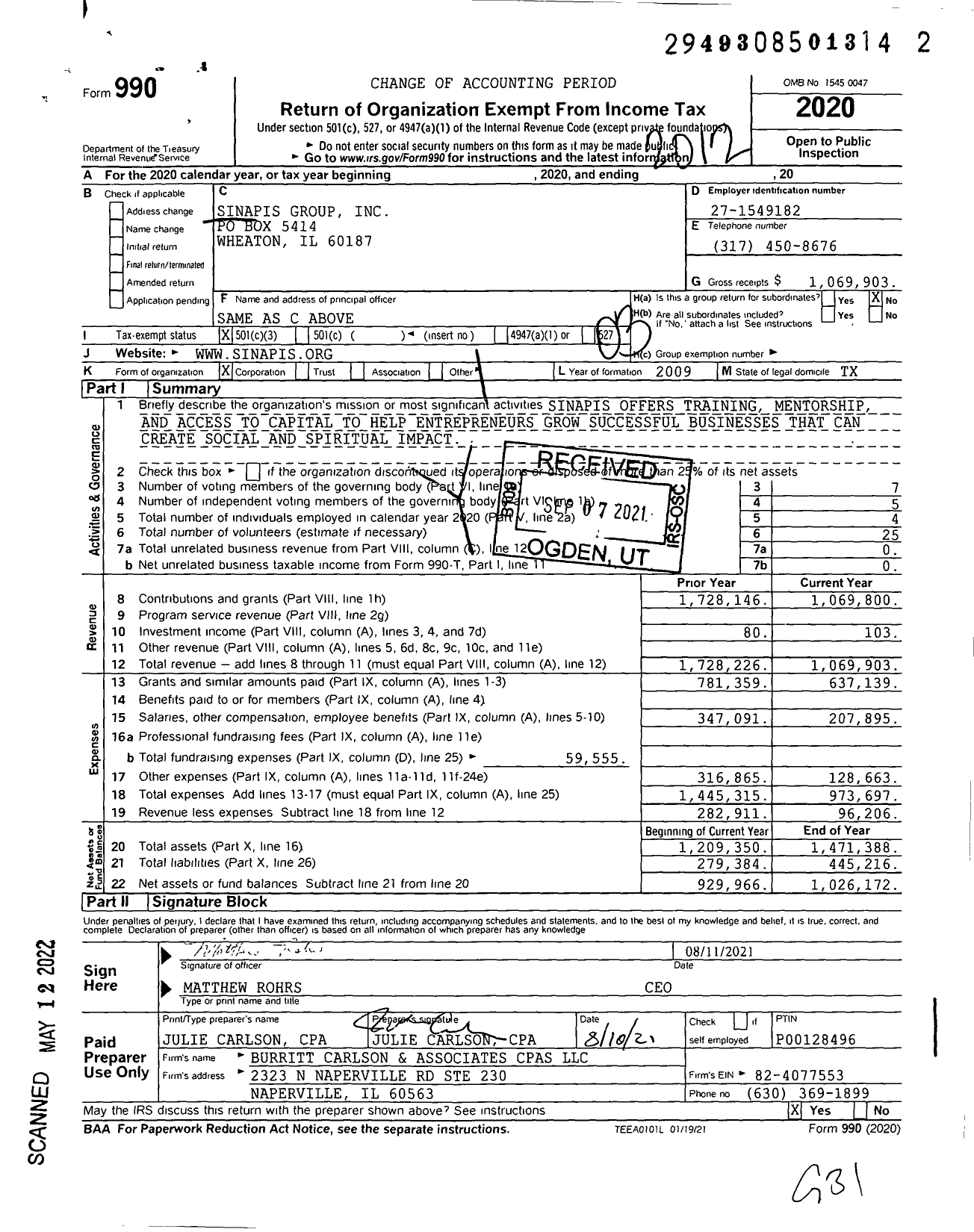 Image of first page of 2020 Form 990 for Sinapis Group