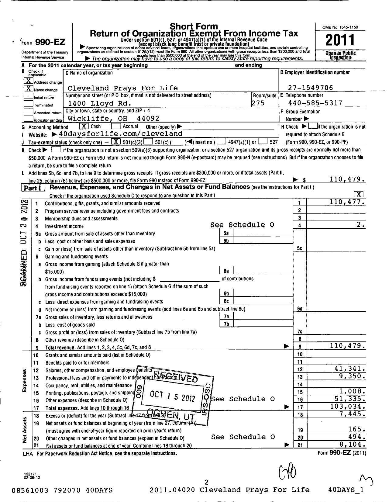 Image of first page of 2011 Form 990EZ for Cleveland Prays for Life