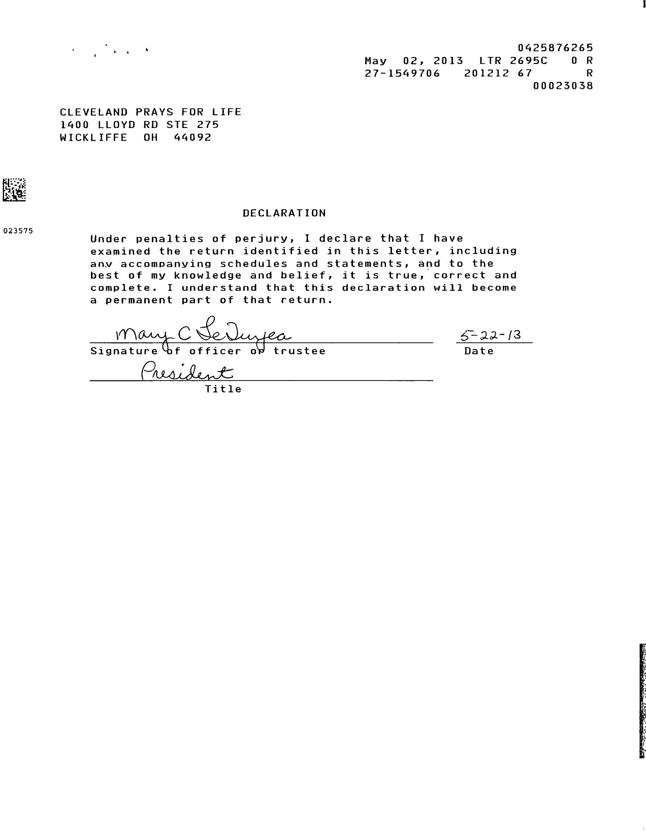 Image of first page of 2012 Form 990ER for Cleveland Prays for Life