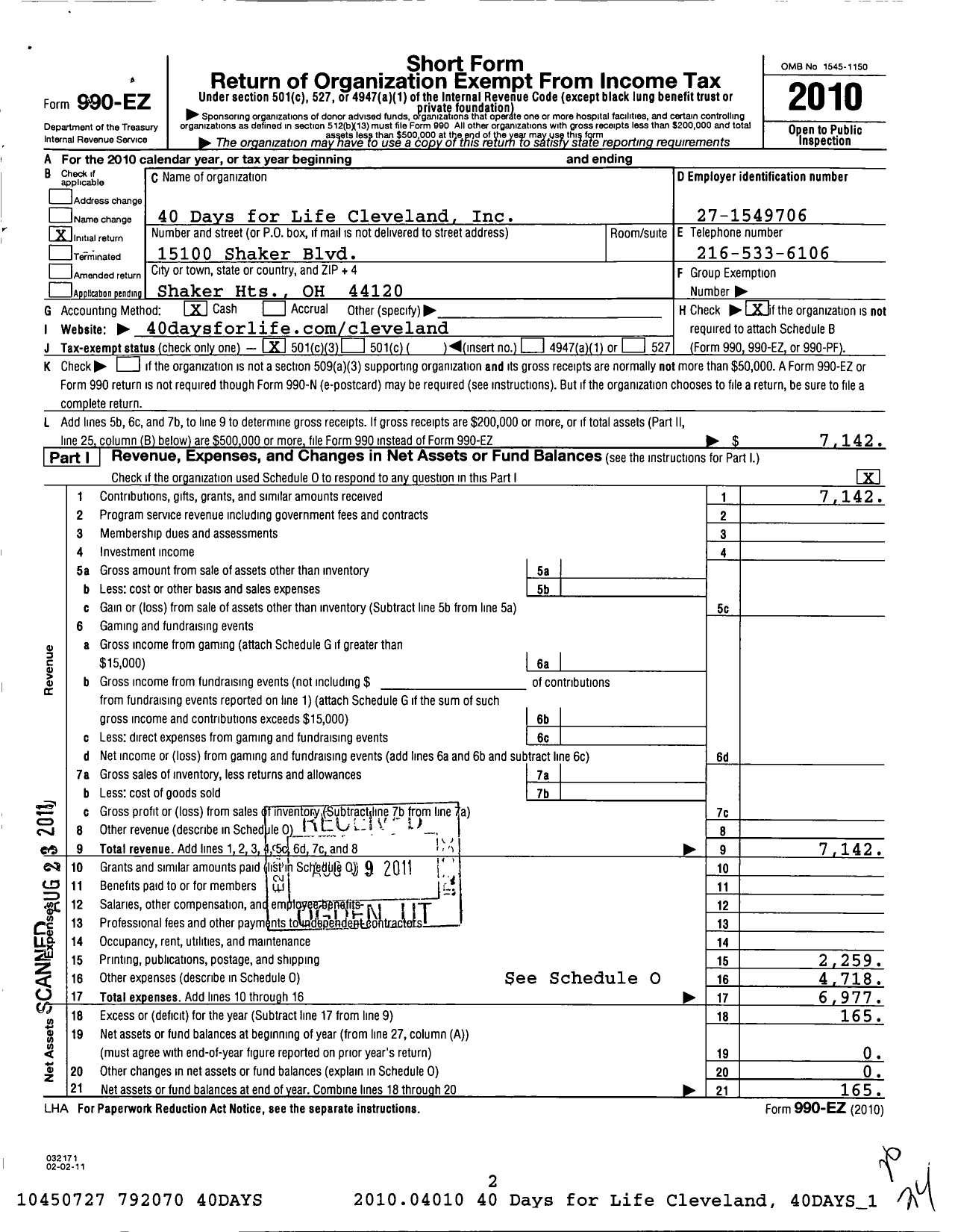 Image of first page of 2010 Form 990EZ for Cleveland Prays for Life