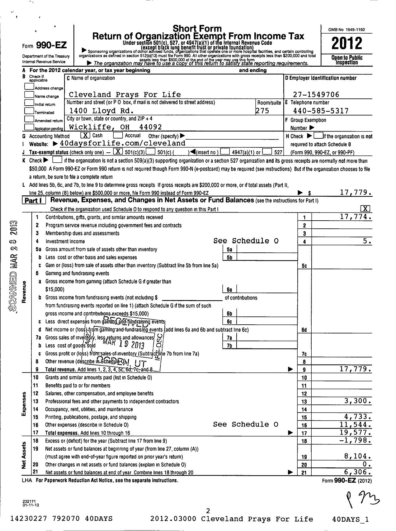 Image of first page of 2012 Form 990EZ for Cleveland Prays for Life