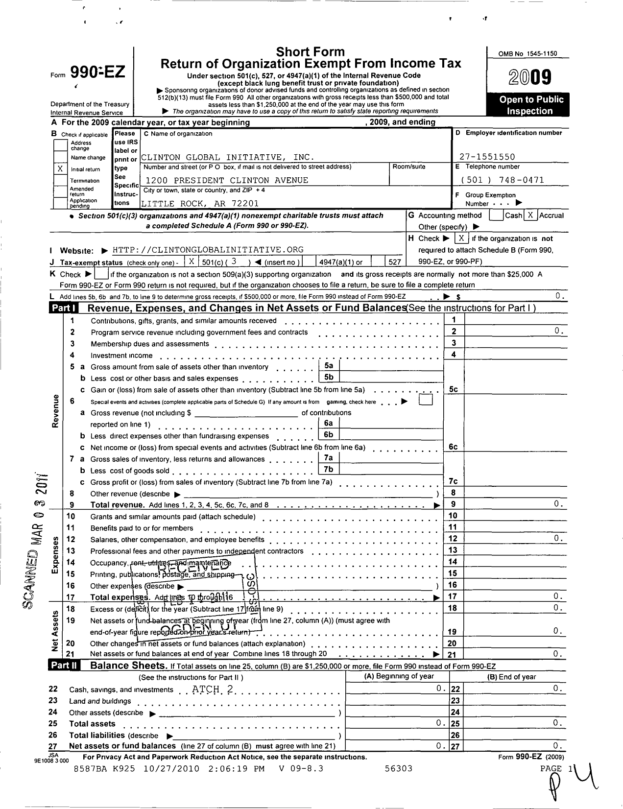 Image of first page of 2009 Form 990EZ for Clinton Global Initiative (CGI)