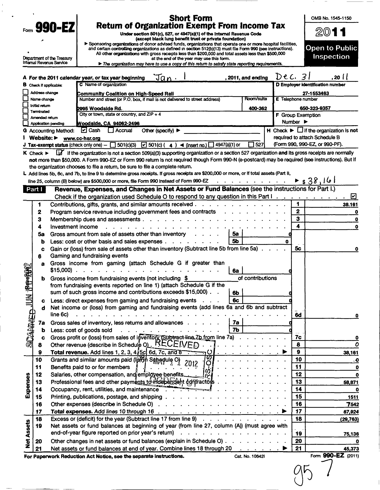 Image of first page of 2011 Form 990EO for Community Coalition on High-Speed Rail