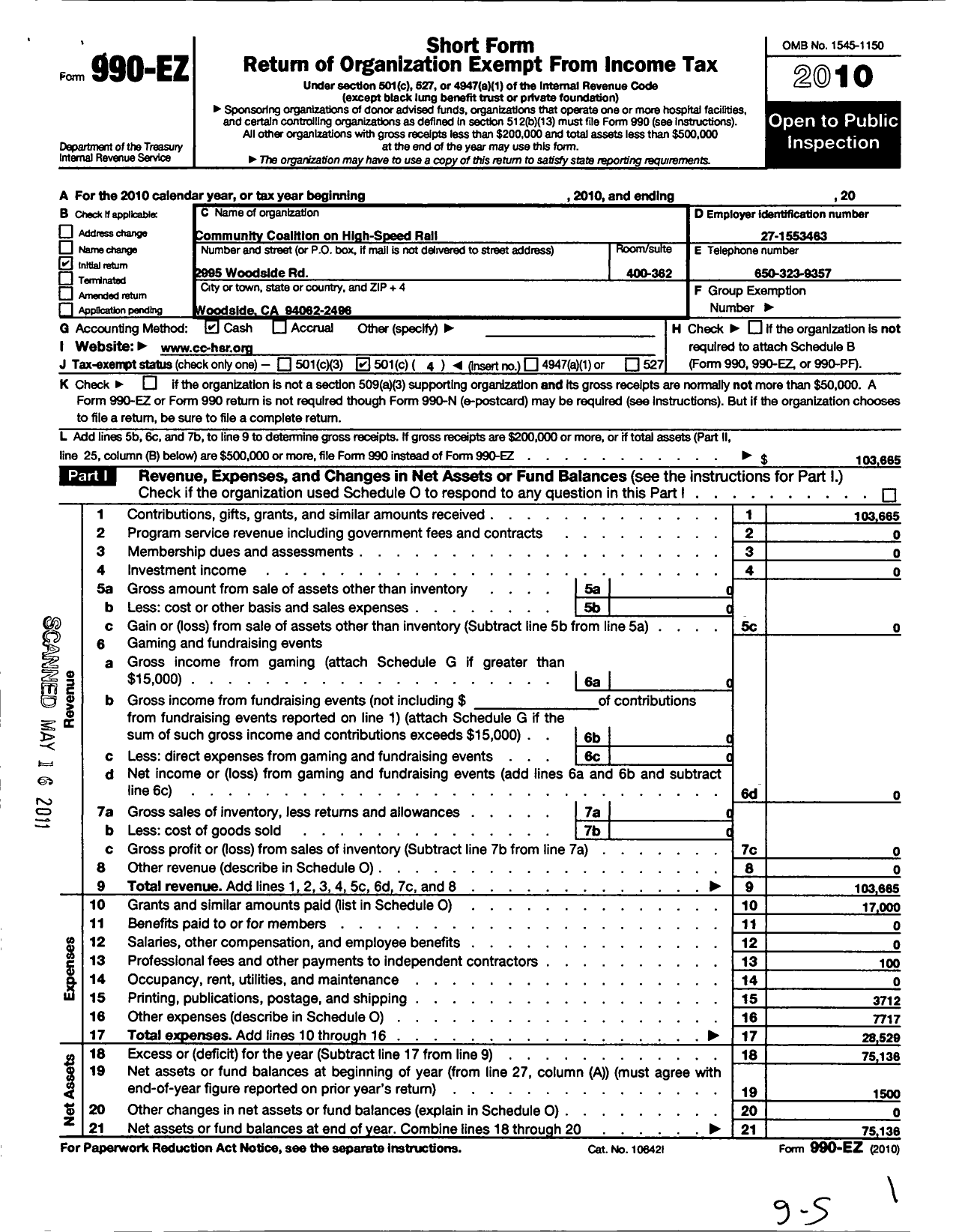 Image of first page of 2010 Form 990EO for Community Coalition on High-Speed Rail