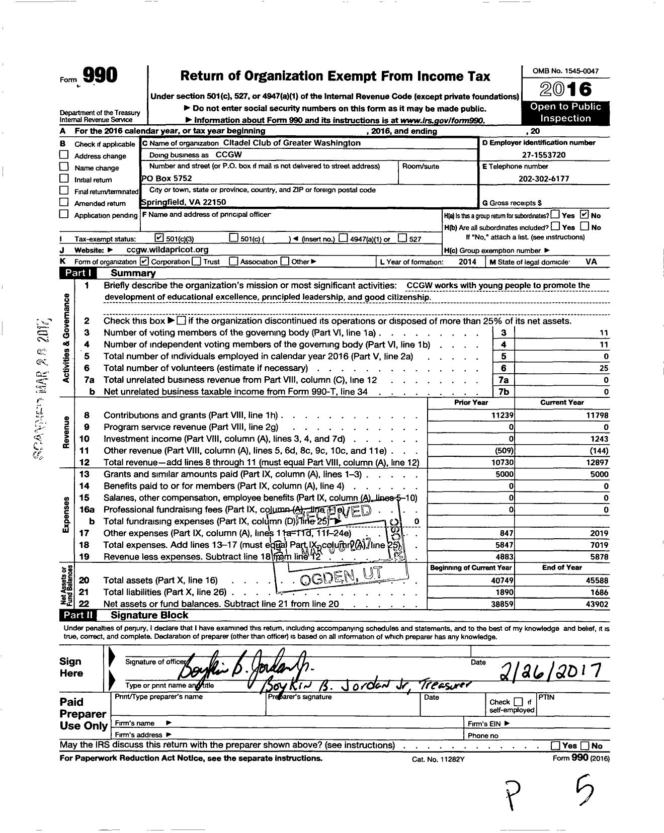 Image of first page of 2016 Form 990 for Citadel Club of Greater Washington DC - CCGW