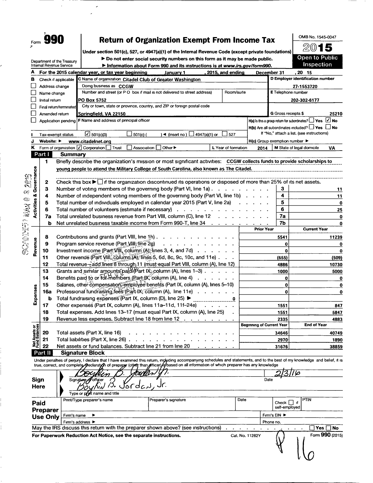 Image of first page of 2015 Form 990 for Citadel Club of Greater Washington DC - CCGW