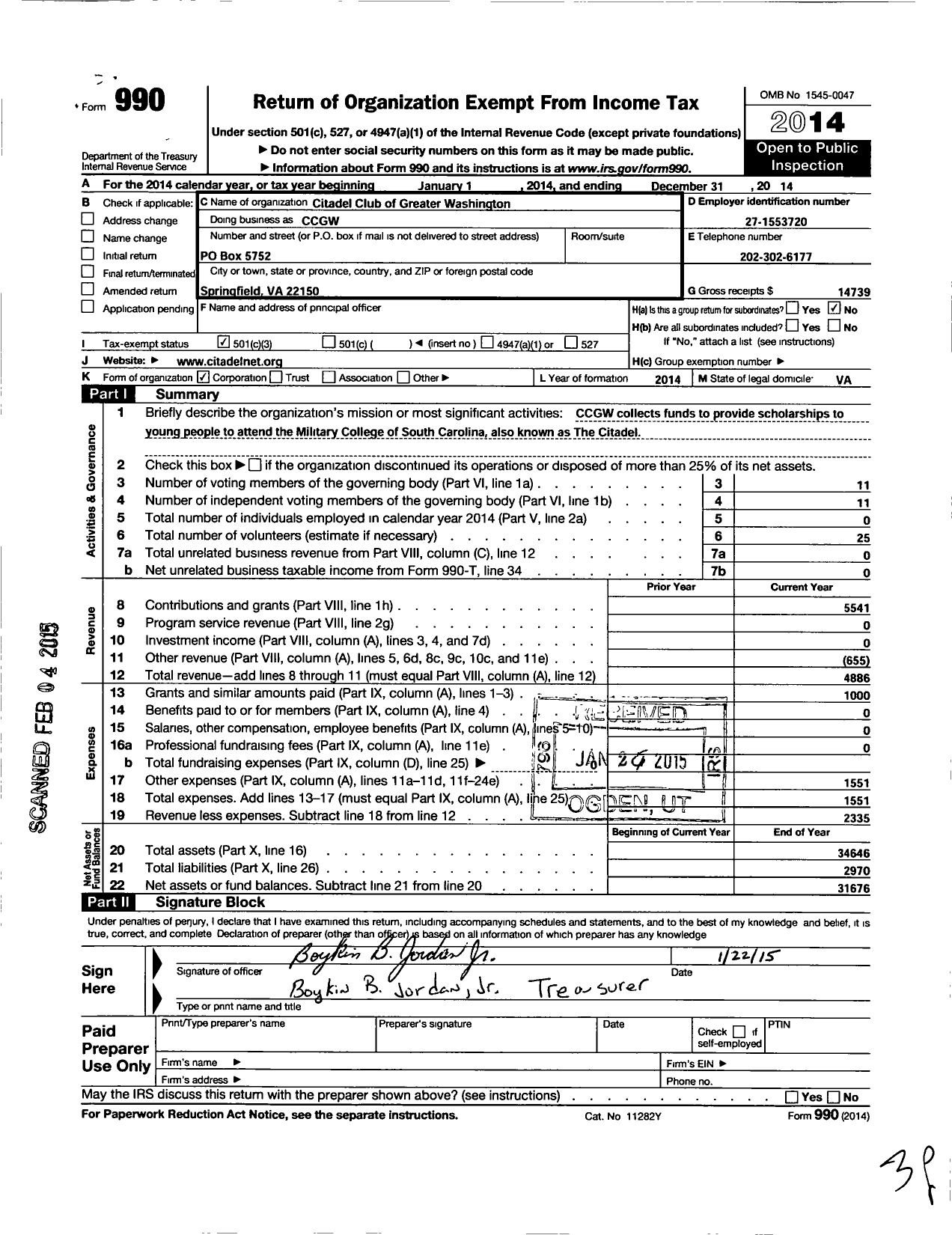 Image of first page of 2014 Form 990 for Citadel Club of Greater Washington DC - CCGW