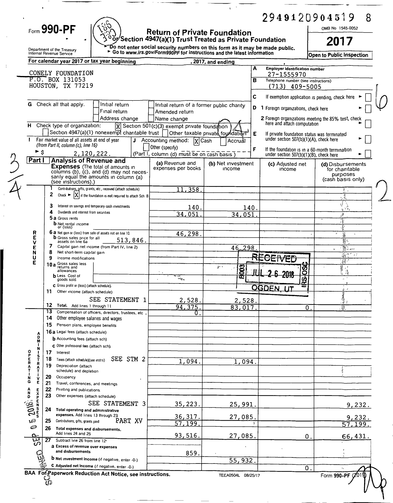 Image of first page of 2017 Form 990PF for Conely Foundation