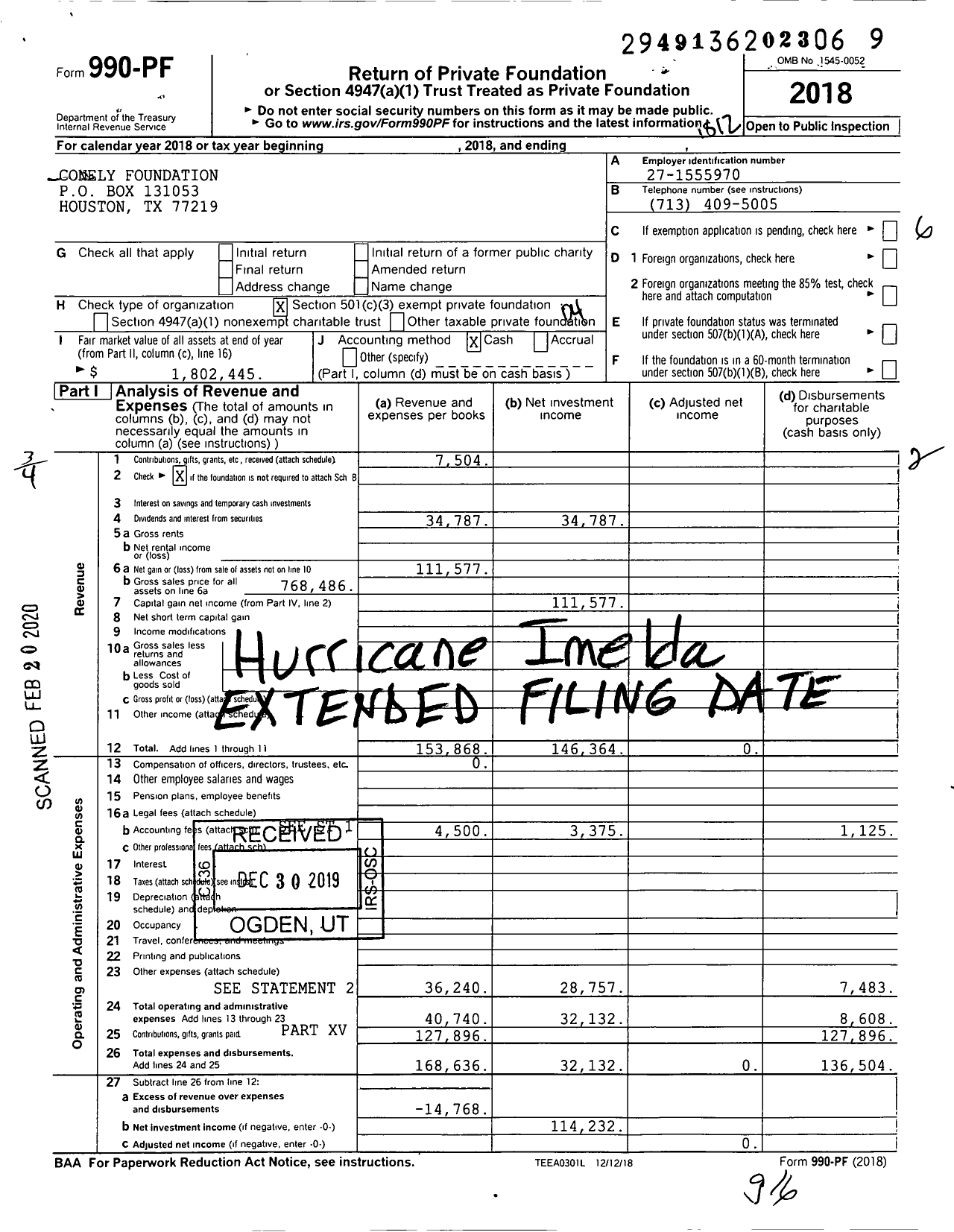 Image of first page of 2018 Form 990PF for Conely Foundation