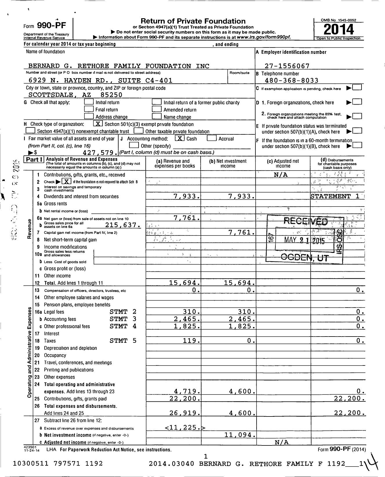 Image of first page of 2014 Form 990PF for Bernard G Rethore Family Foundation