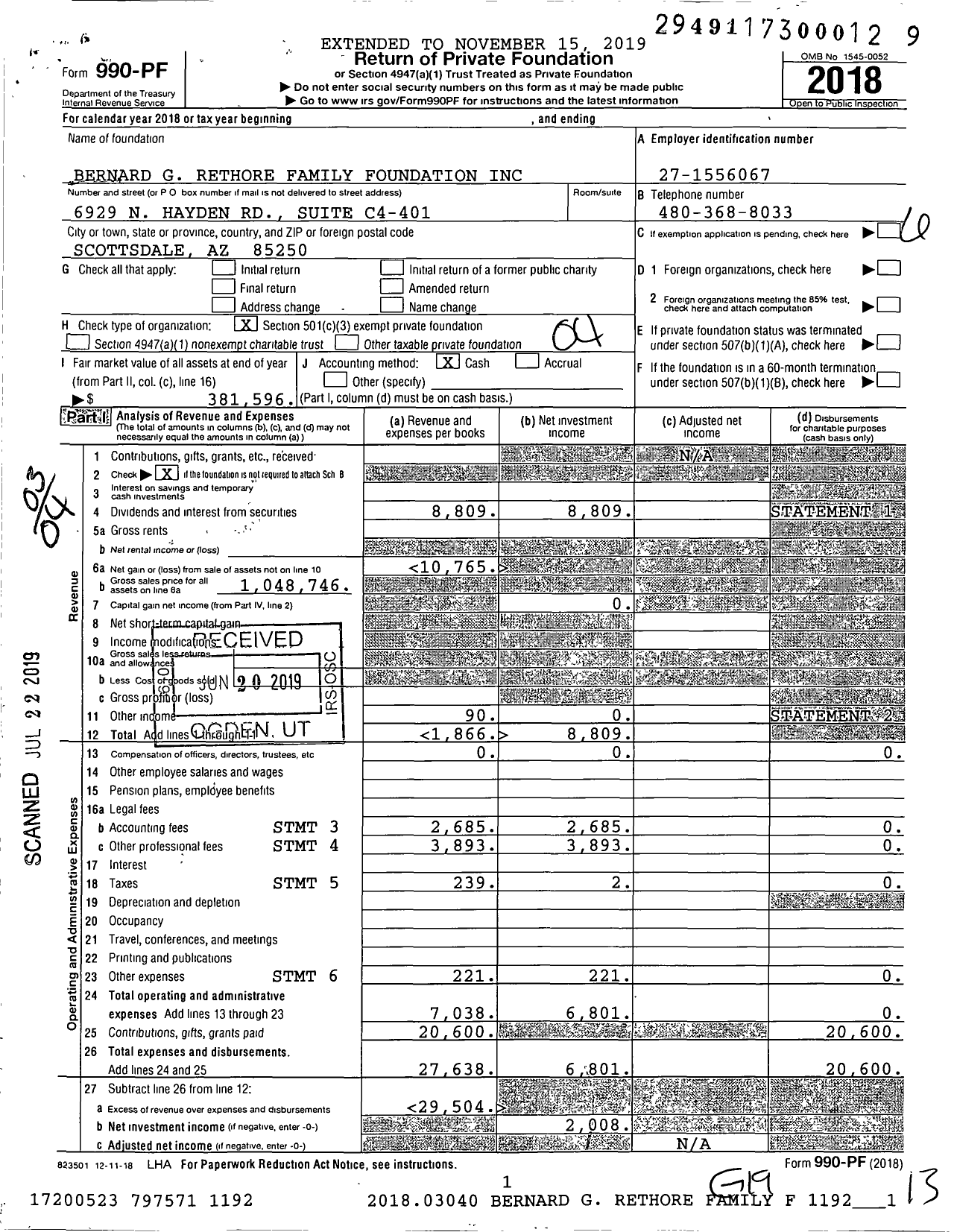 Image of first page of 2018 Form 990PF for Bernard G Rethore Family Foundation