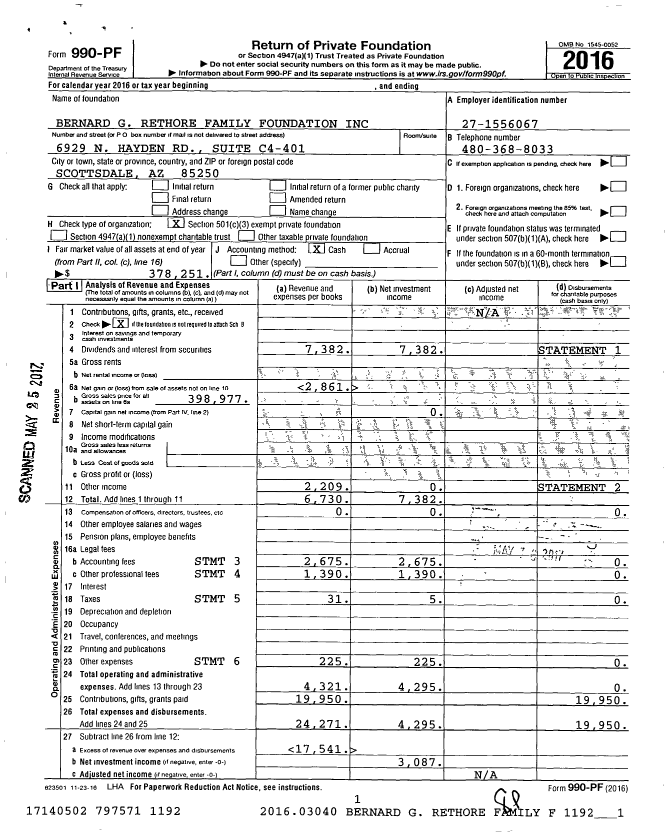 Image of first page of 2016 Form 990PF for Bernard G Rethore Family Foundation