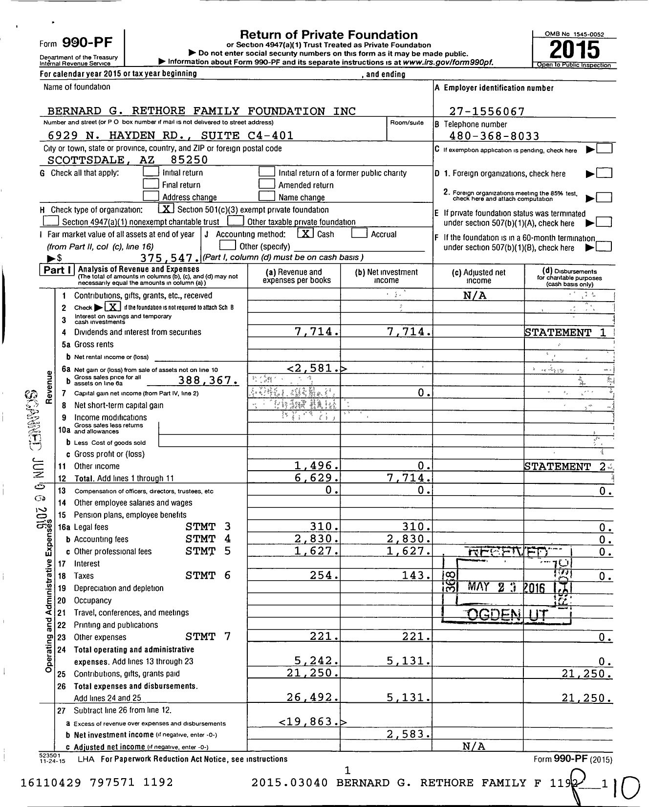 Image of first page of 2015 Form 990PF for Bernard G Rethore Family Foundation