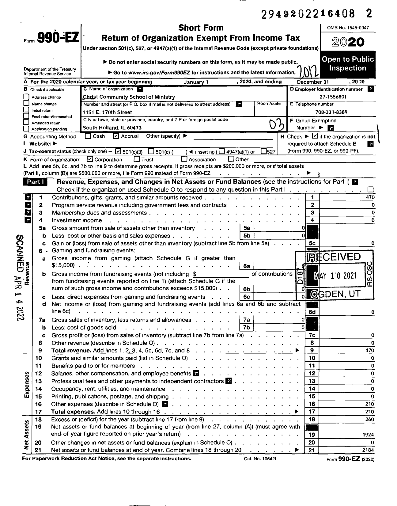 Image of first page of 2020 Form 990EZ for Christ Community Church School of Ministry