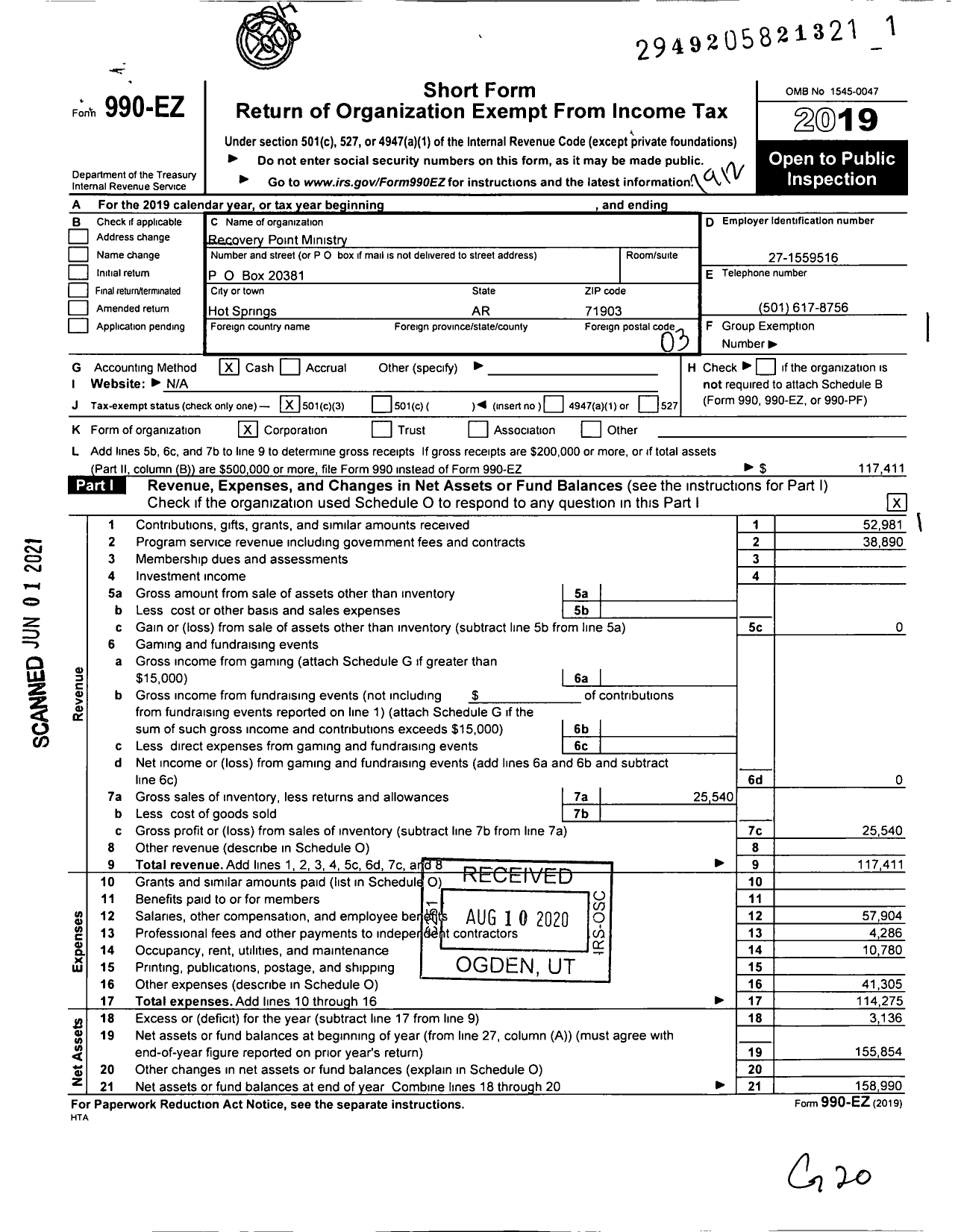 Image of first page of 2019 Form 990EZ for Recovery Point Ministry