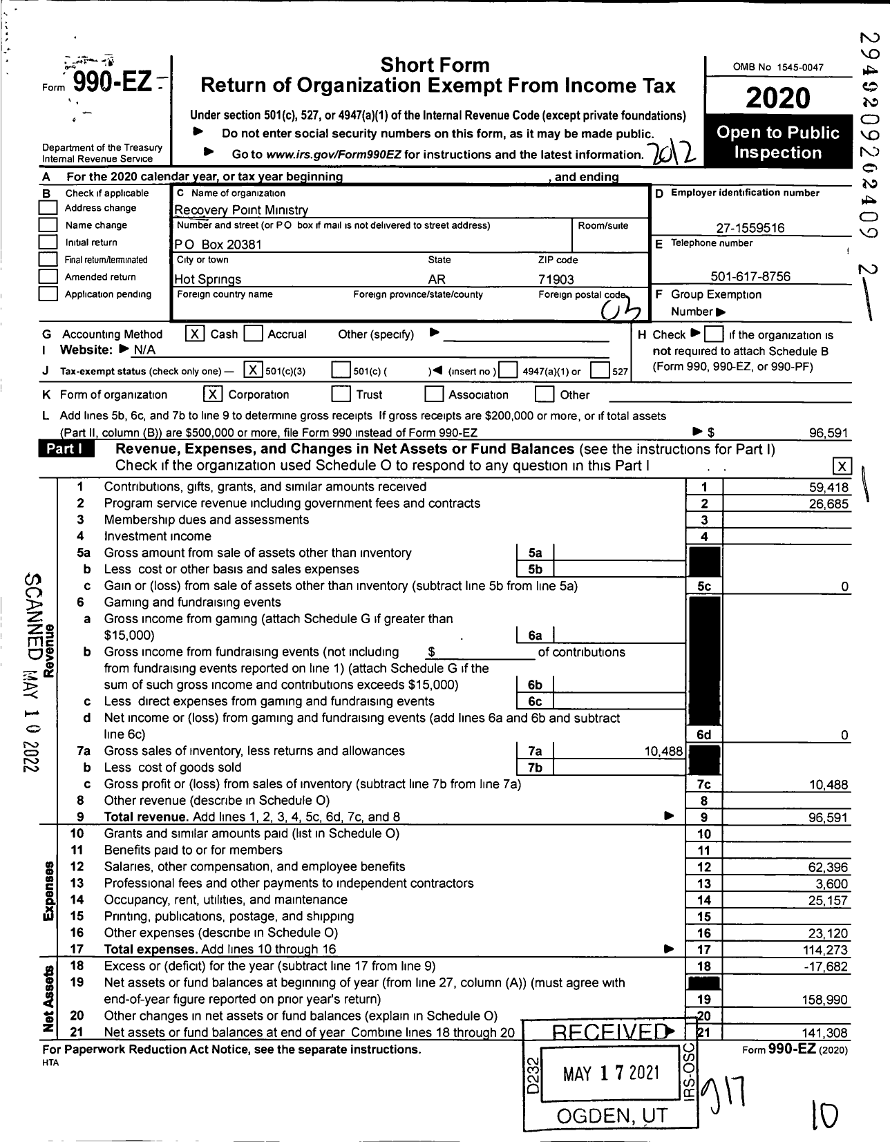 Image of first page of 2020 Form 990EZ for Recovery Point Ministry