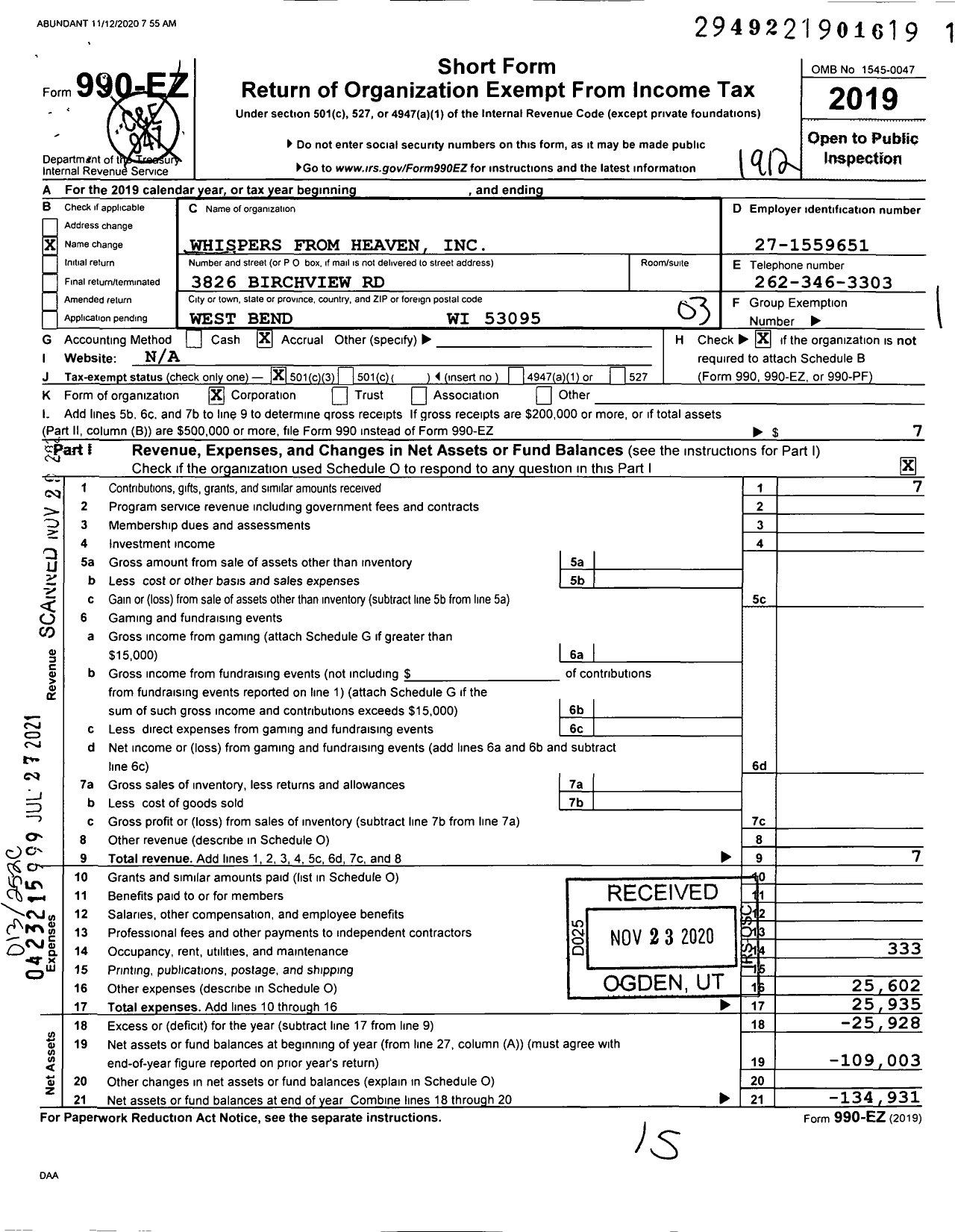 Image of first page of 2019 Form 990EZ for Whispers From Heaven