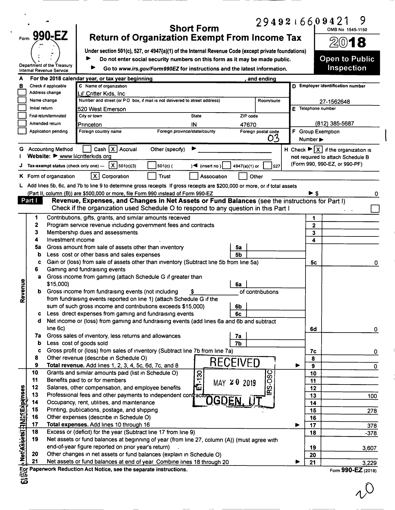 Image of first page of 2018 Form 990EZ for Lil Critter Kids