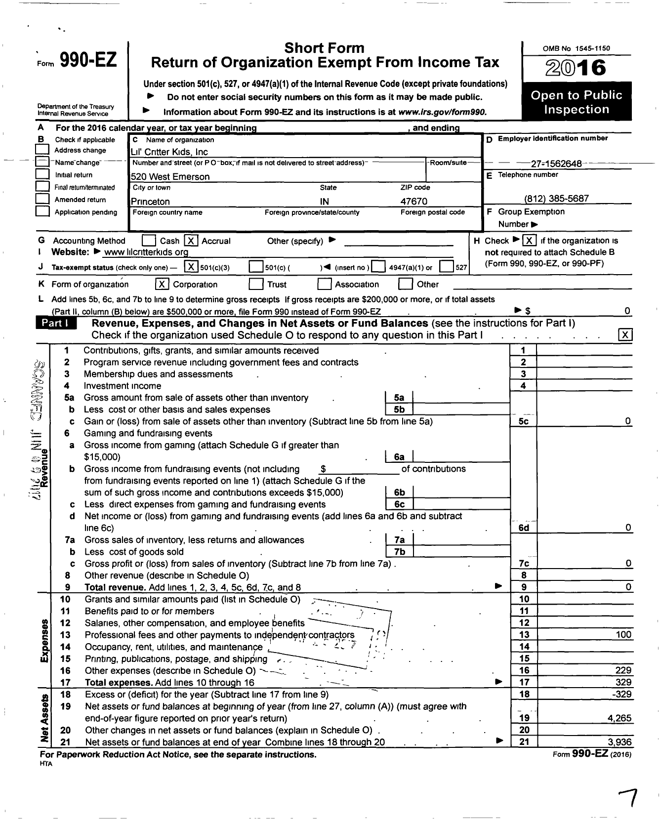 Image of first page of 2016 Form 990EZ for Lil Critter Kids