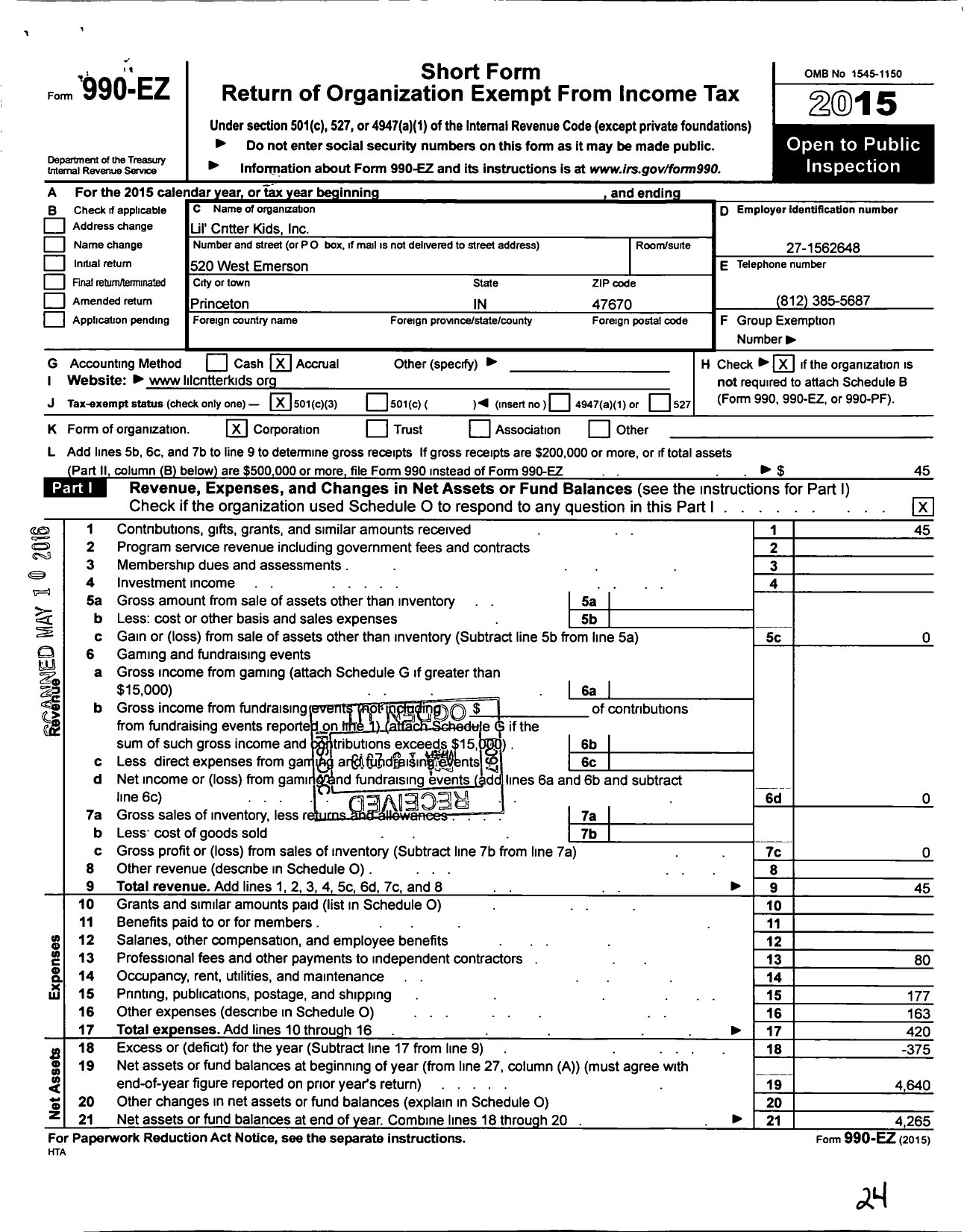 Image of first page of 2015 Form 990EZ for Lil Critter Kids