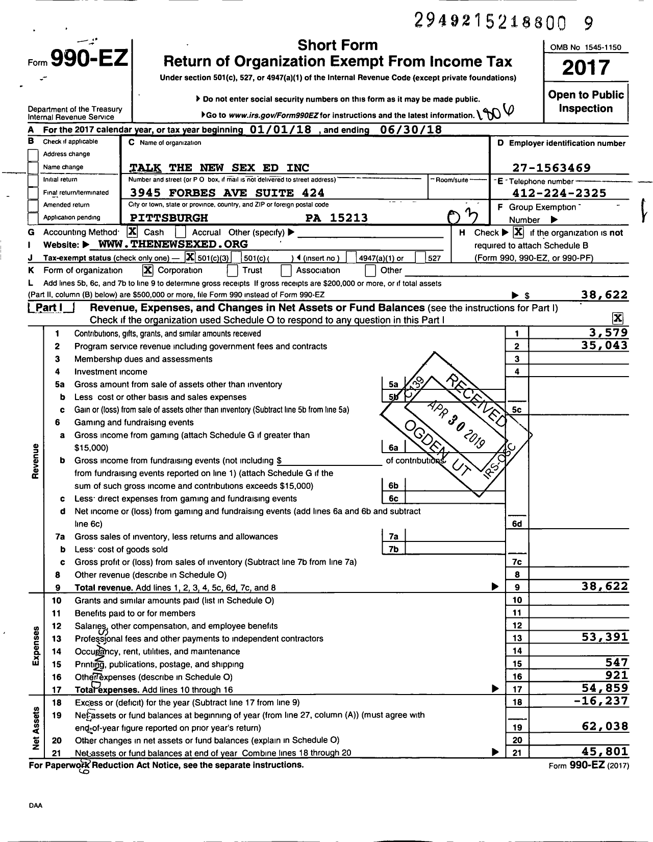 Image of first page of 2017 Form 990EZ for Talk the New Sex Ed