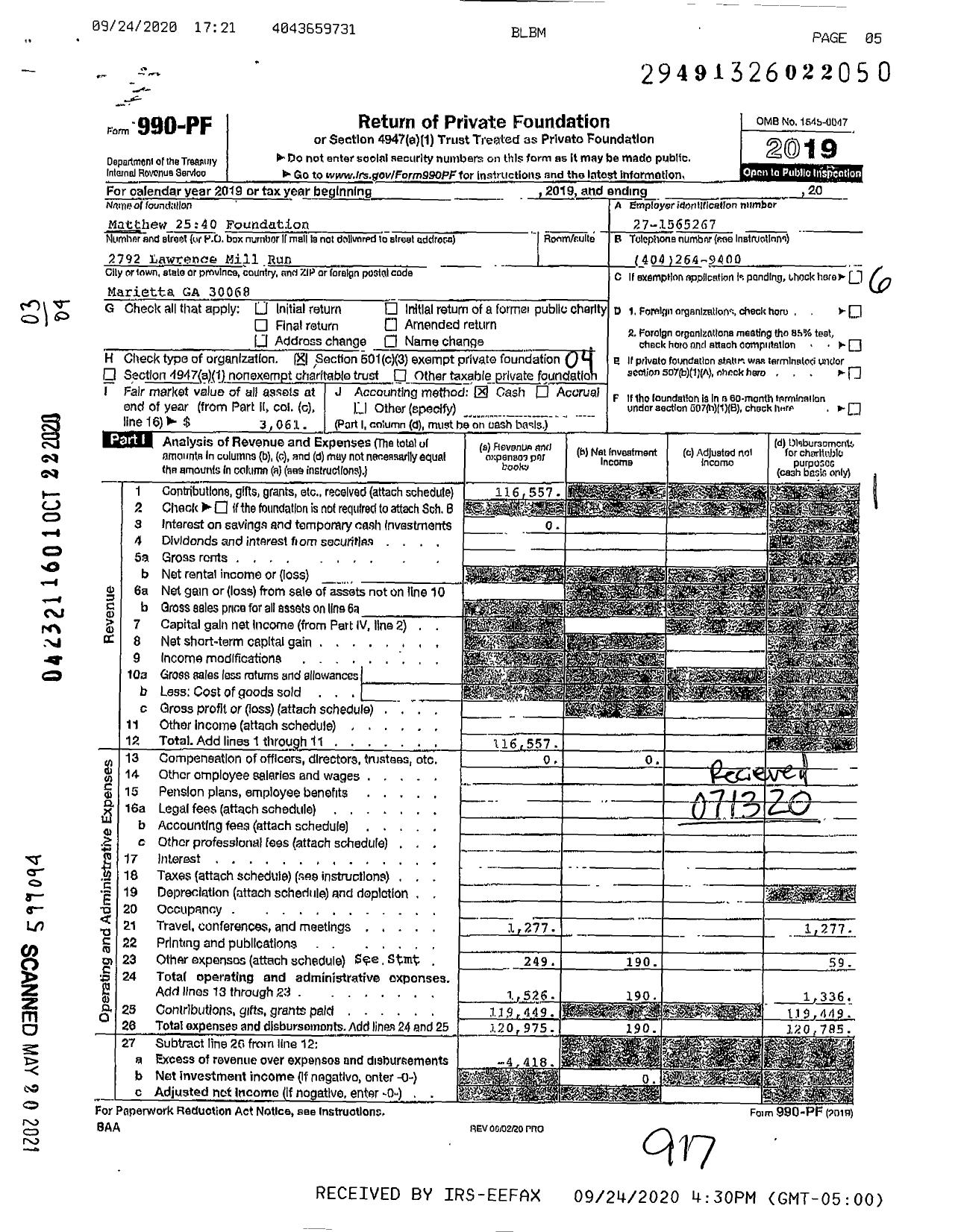 Image of first page of 2019 Form 990PF for Matthew 2540 Foundation