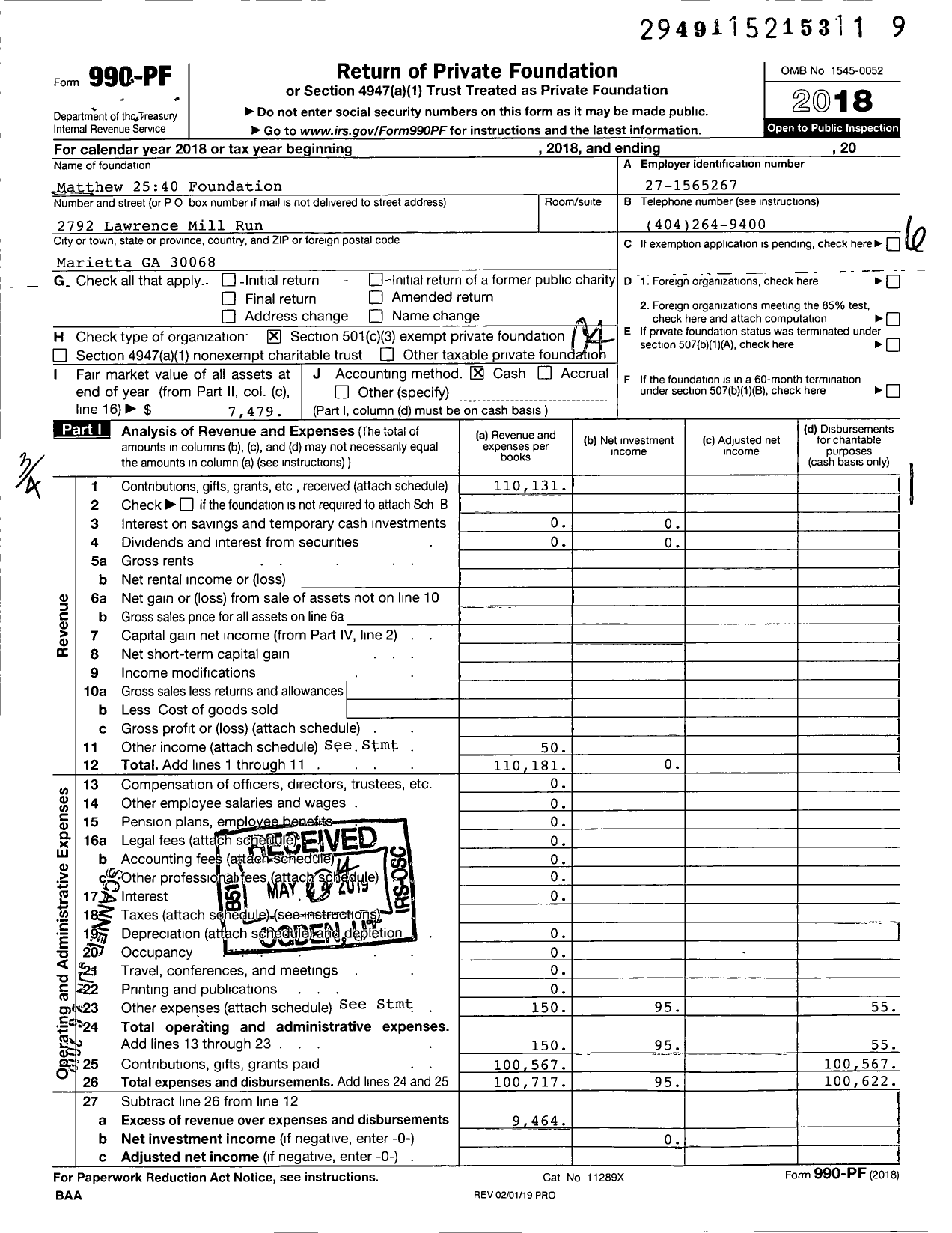 Image of first page of 2018 Form 990PF for Matthew 2540 Foundation