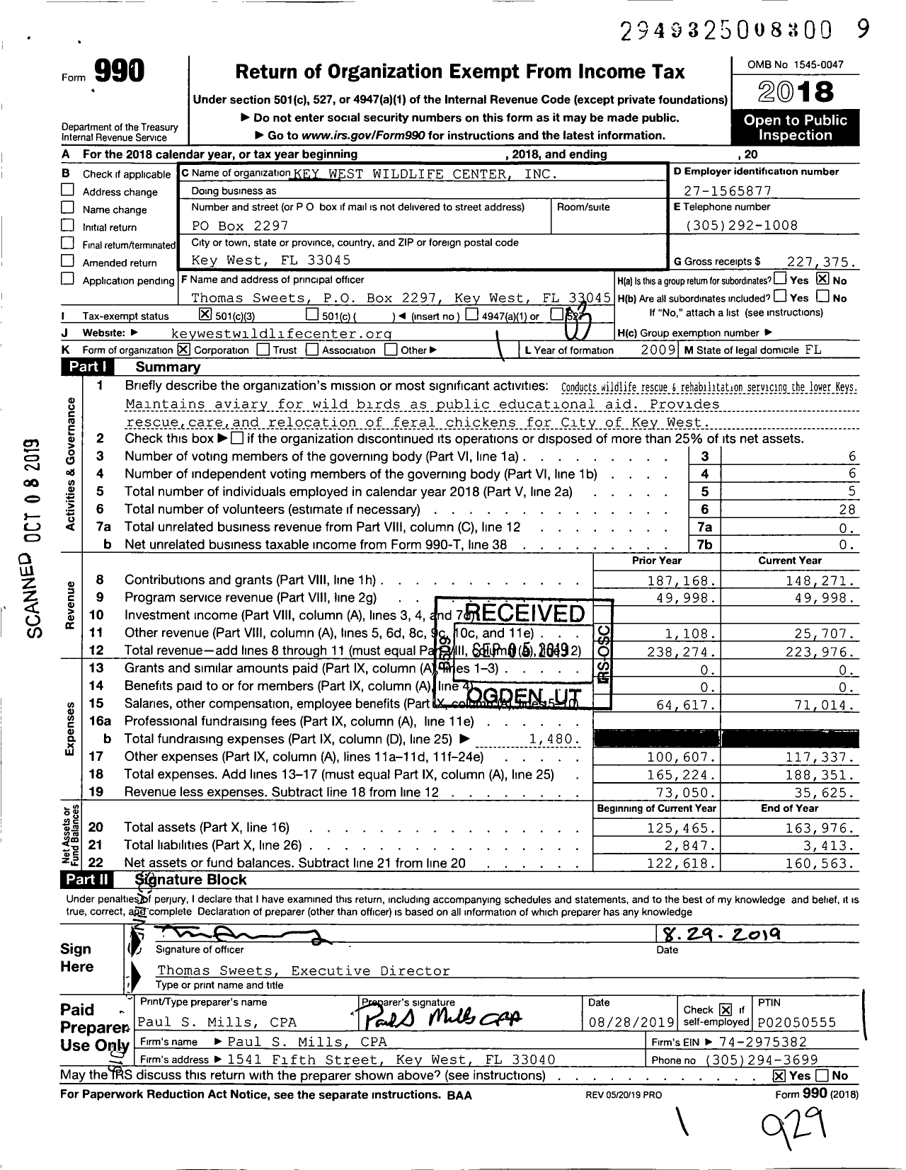Image of first page of 2018 Form 990 for Key West Wildlife Center