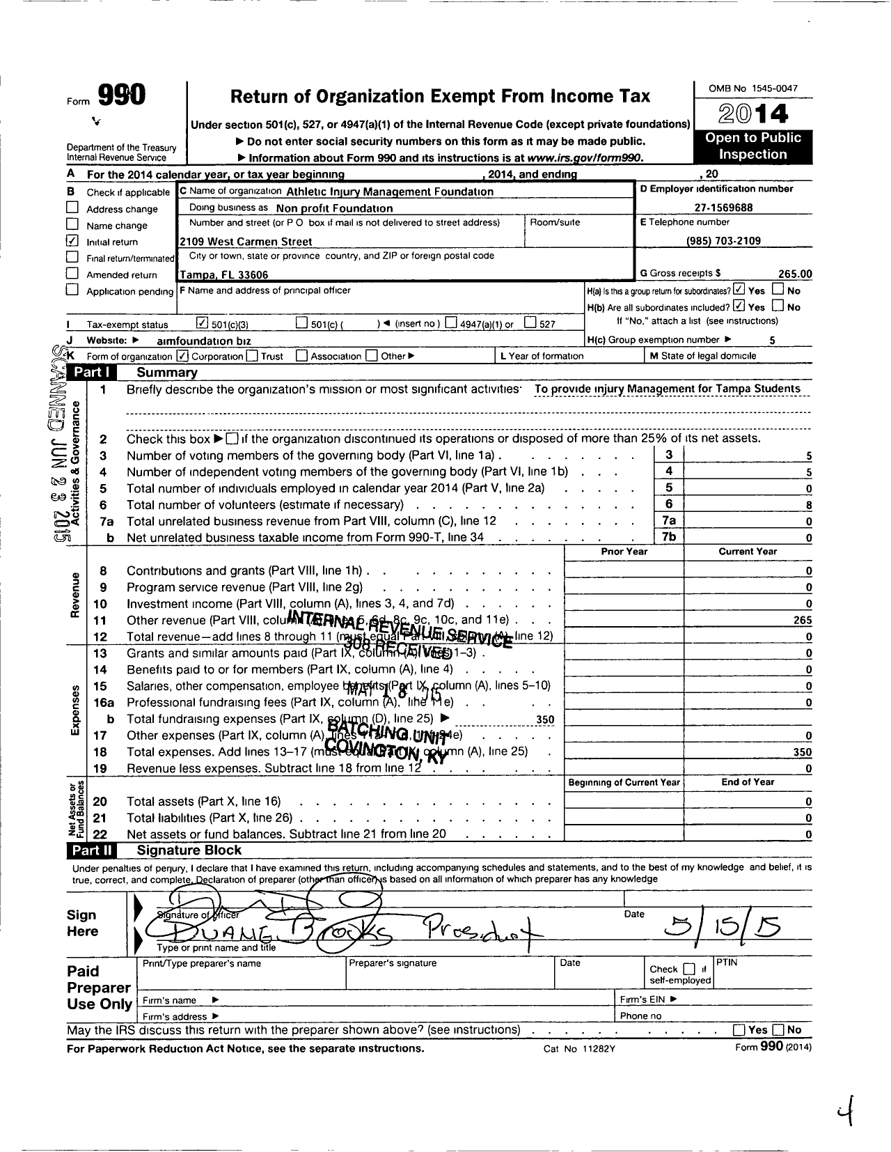 Image of first page of 2014 Form 990 for Athletic Injury Management Foundation