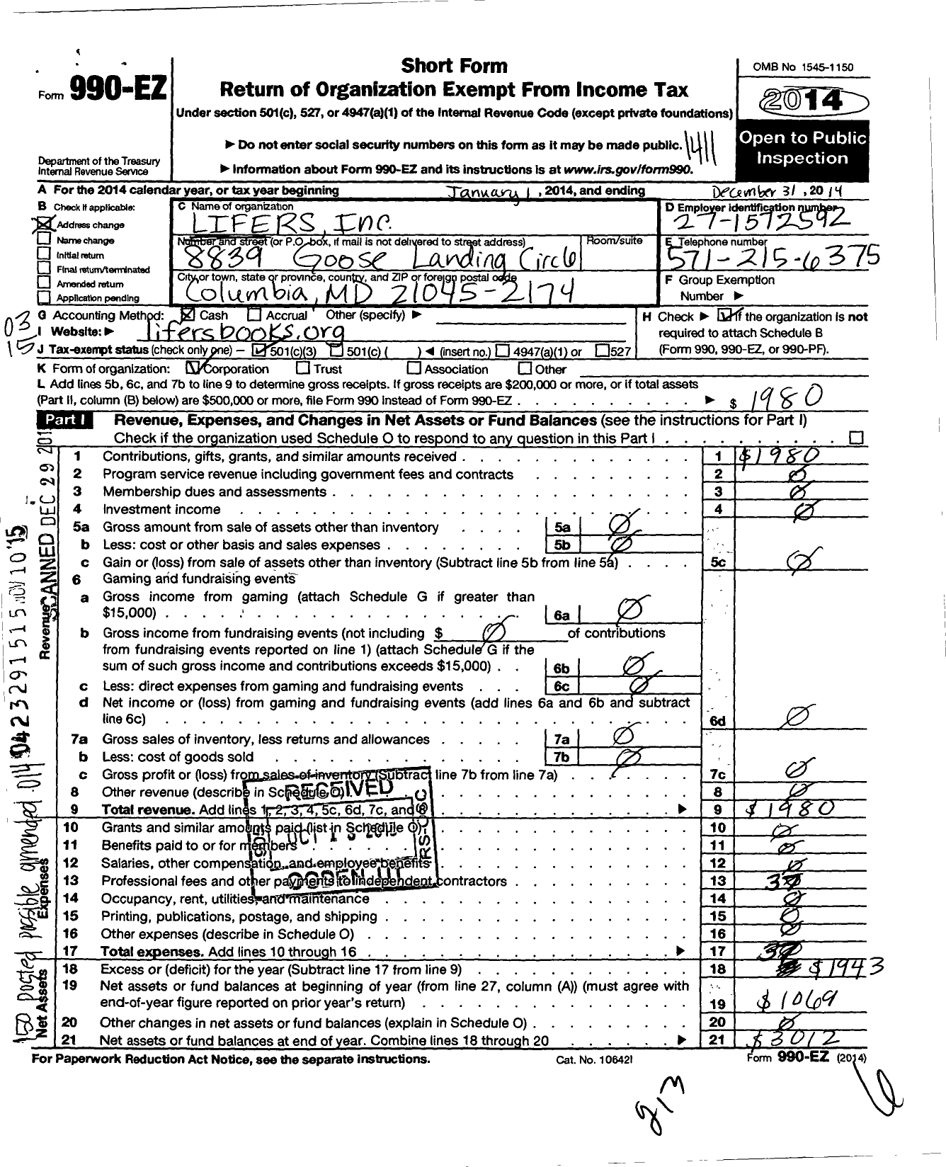 Image of first page of 2014 Form 990EZ for Lifers